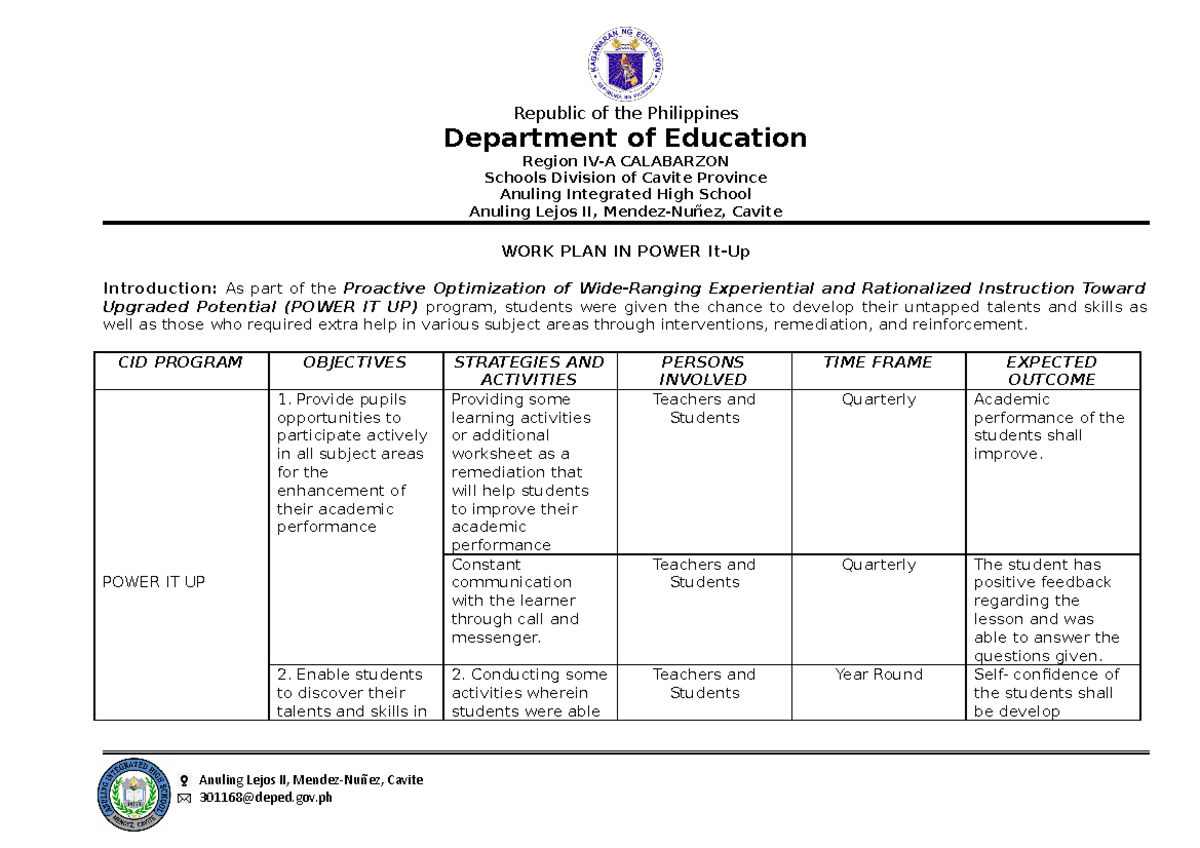 Work plan - action plan - Department of Education Region IV-A ...