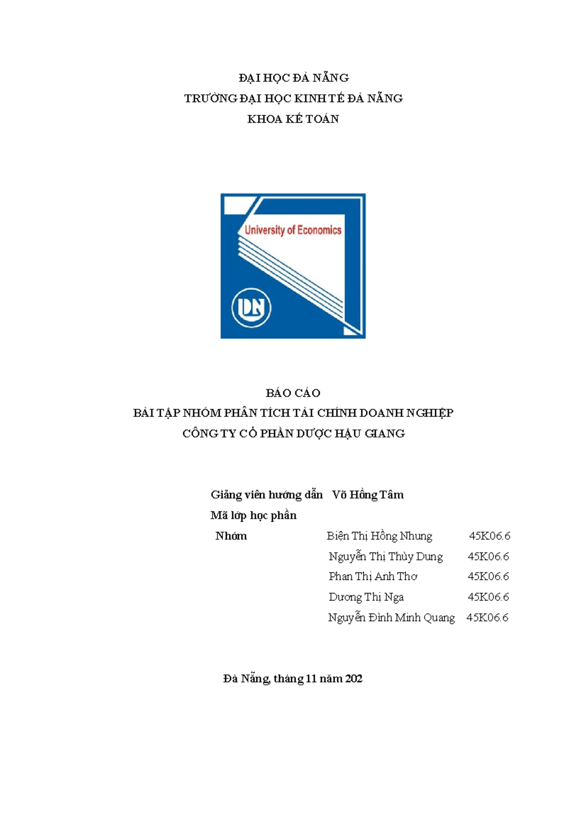 BÀI TẬP NHÓM - Phân tích tài chính doanh nghiệp công ty Cổ phần Dược Hậu Giang - ĐẠI HỌC ĐÀ NẴNG - Studocu