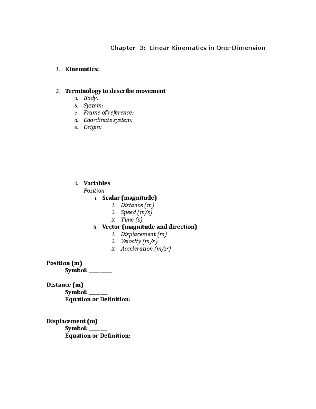 Class Notes Chapter 3 - Chapter 3: Linear Kinematics in One-Dimension ...