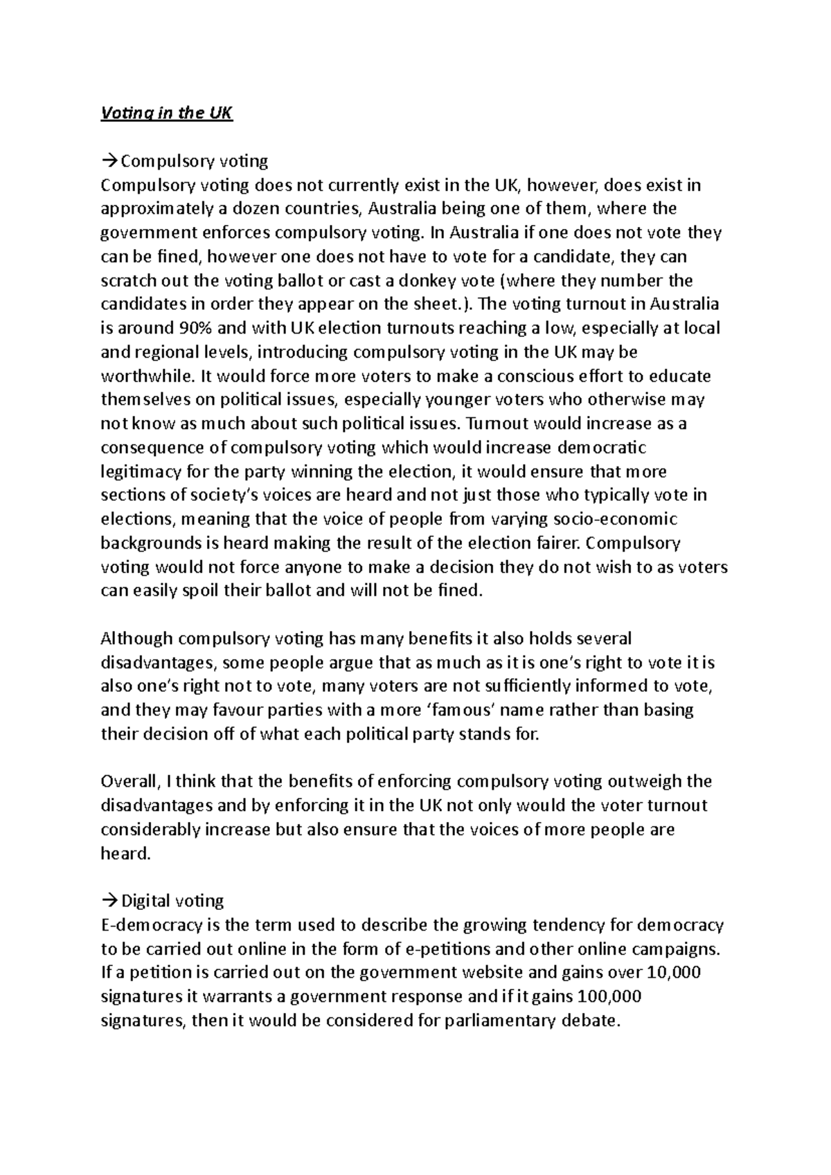 Voting in the UK - Topic 3 and 4 notes - Voting in the UK Compulsory ...