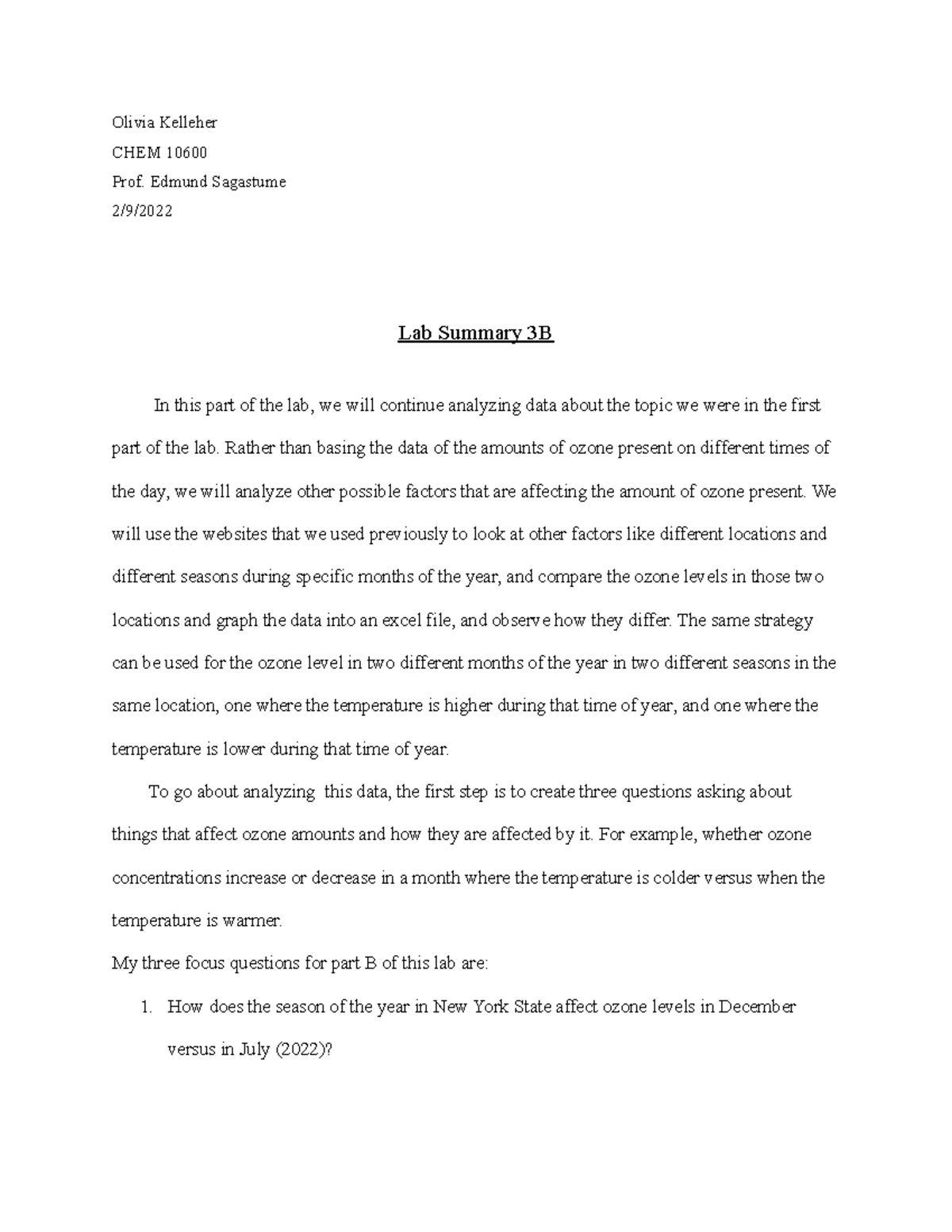 Chem 106 Lab Summary 3B -2 - Olivia Kelleher CHEM 10600 Prof. Edmund ...
