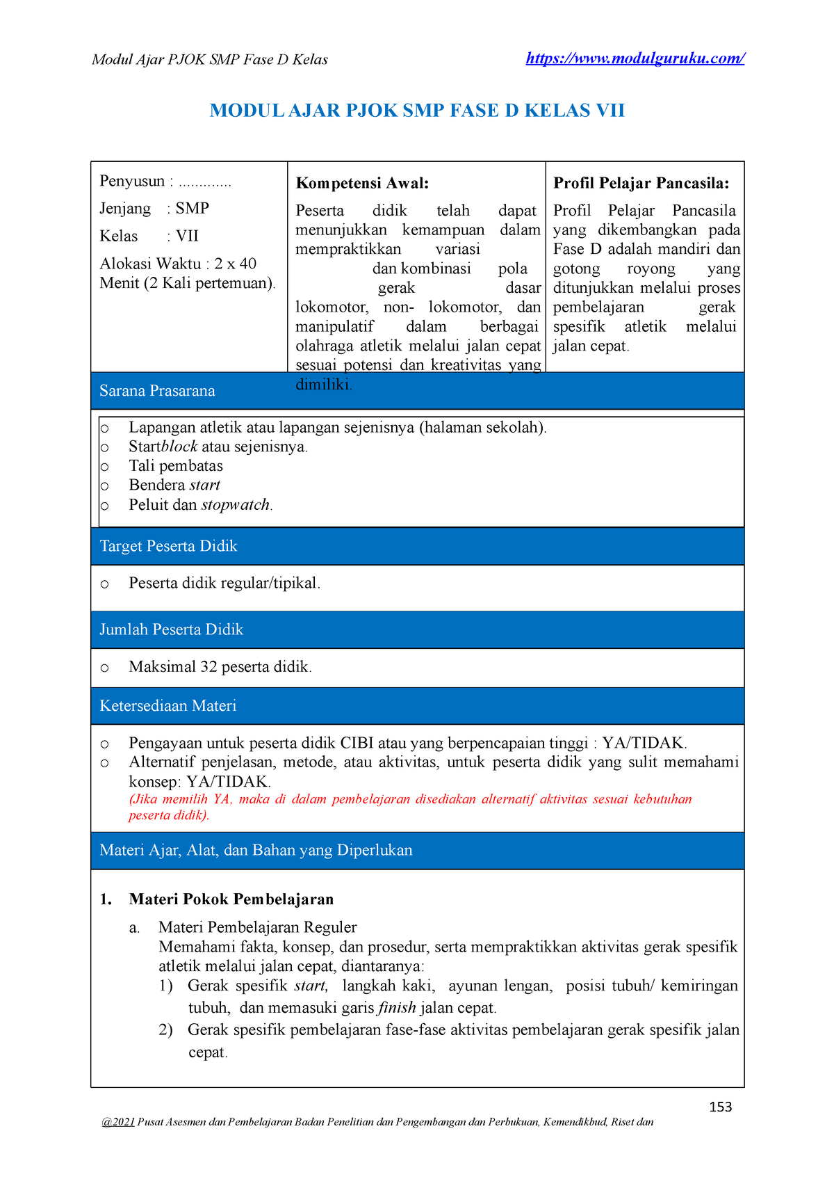 Modul AJAR PJOK Jalan Cepat Fase D Kelas 7 SMP - Modulguruku/ MODUL ...