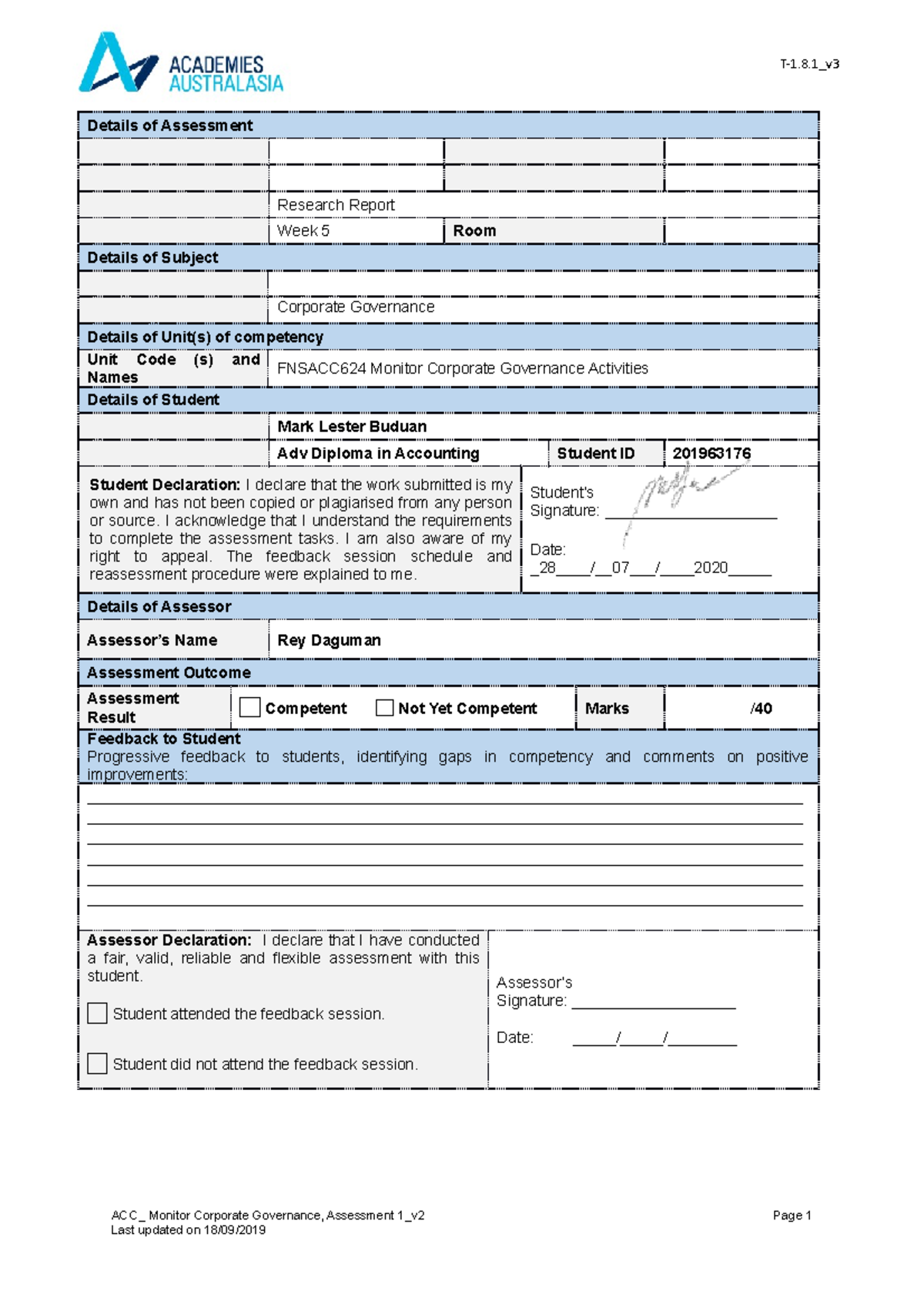 ACC Corporate Governance - Assessment 1 - Details of Assessment Term ...