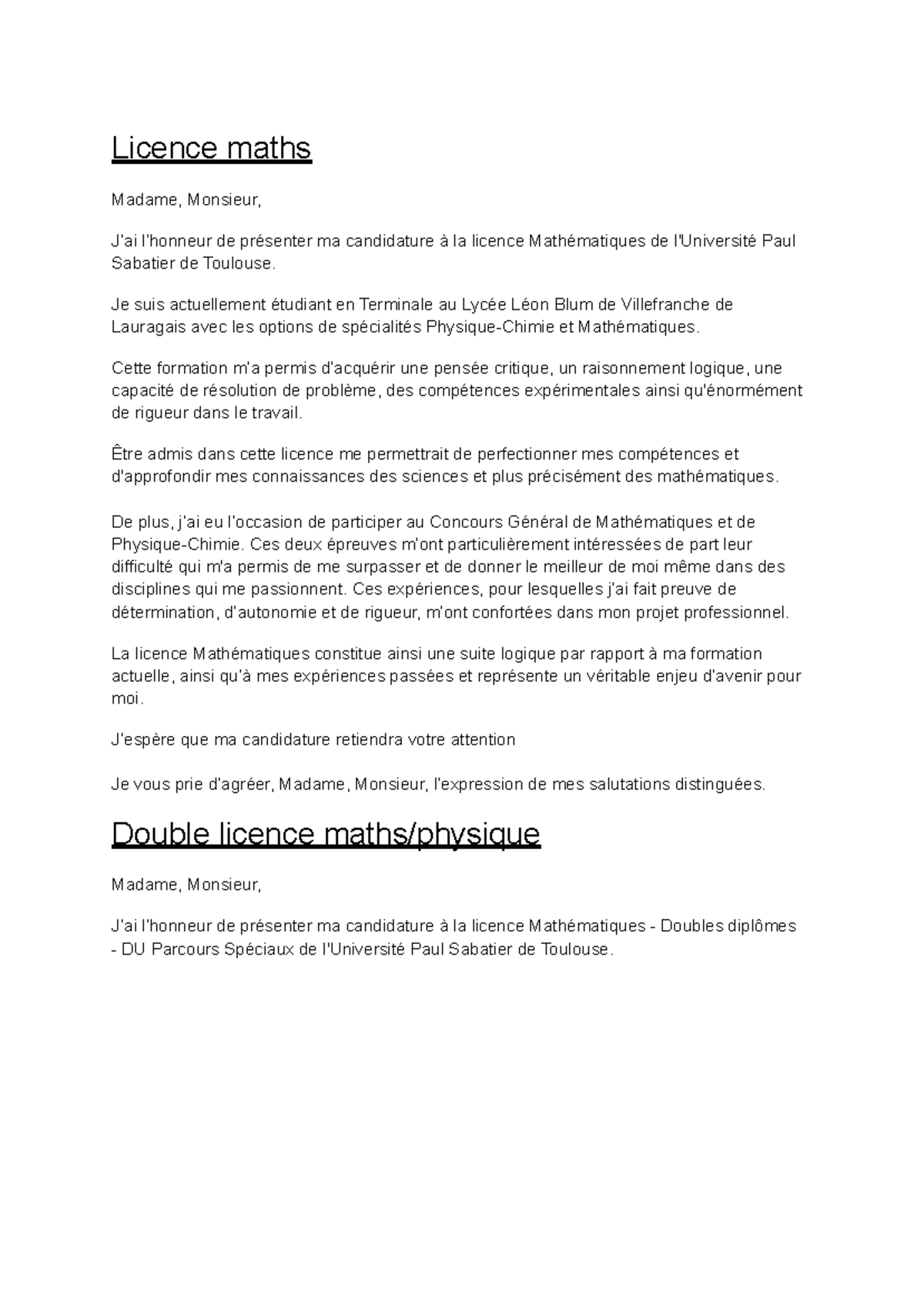 Lettre motivation Licence maths Madame, Monsieur, J’ai l’honneur de — free download