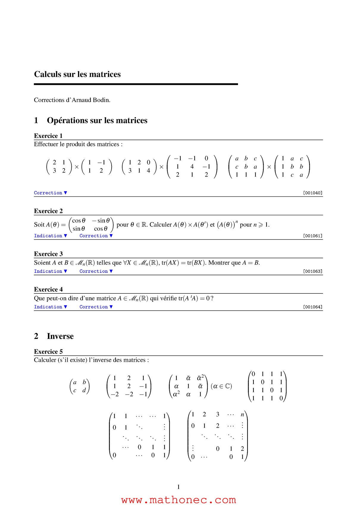 Exercices Calculs Sur Les Matrices - Calculs Sur Les Matrices ...