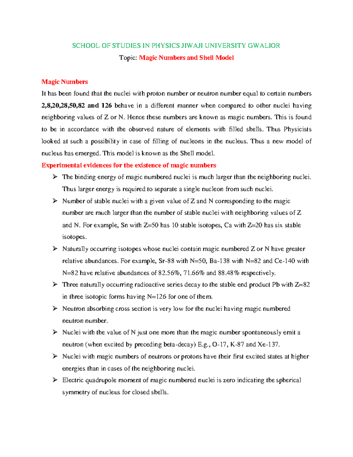 Magic Number and Shell Model - SCHOOL OF STUDIES IN PHYSICS JIWAJI ...