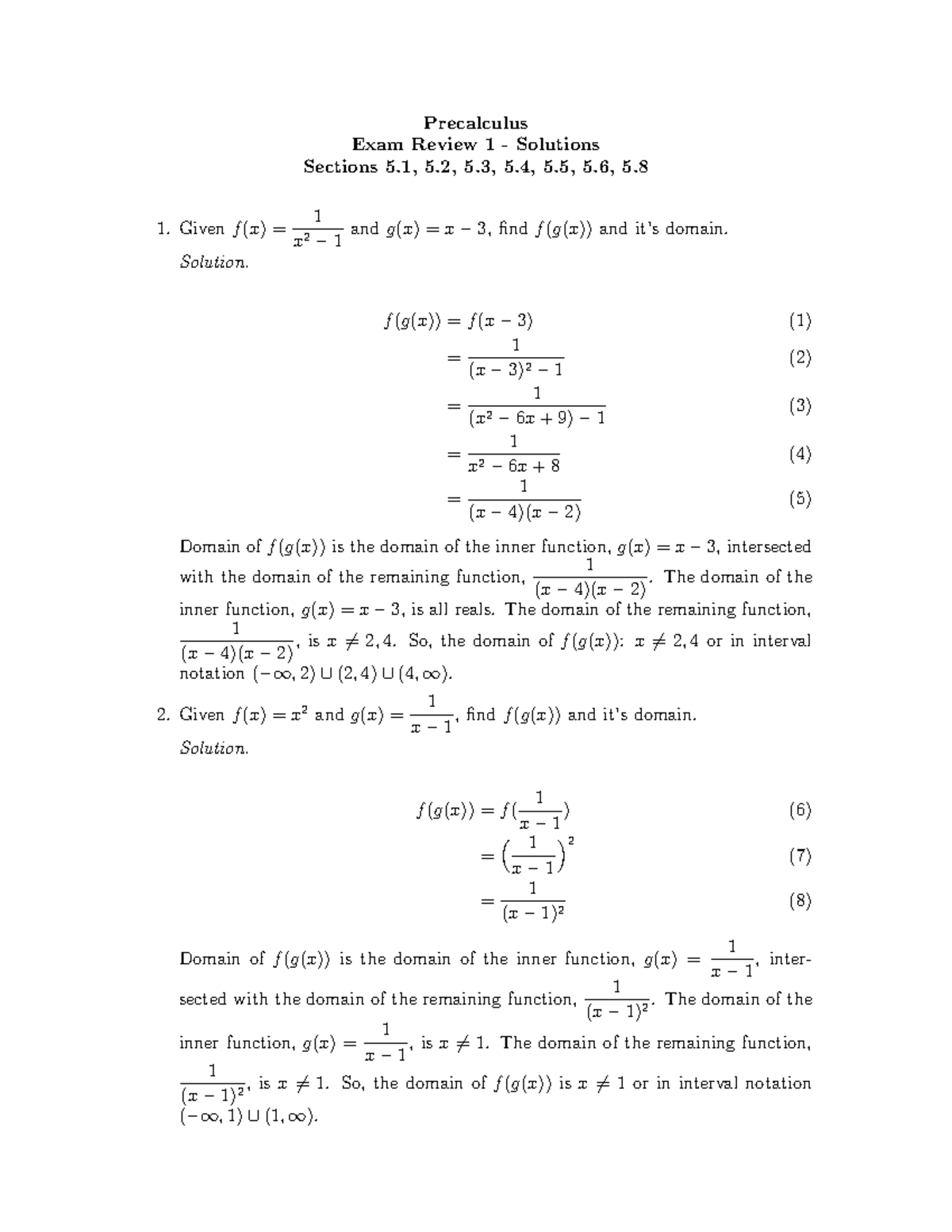 Exam 1 Review Solutions - Precalculus Exam Review 1 - Solutions ...