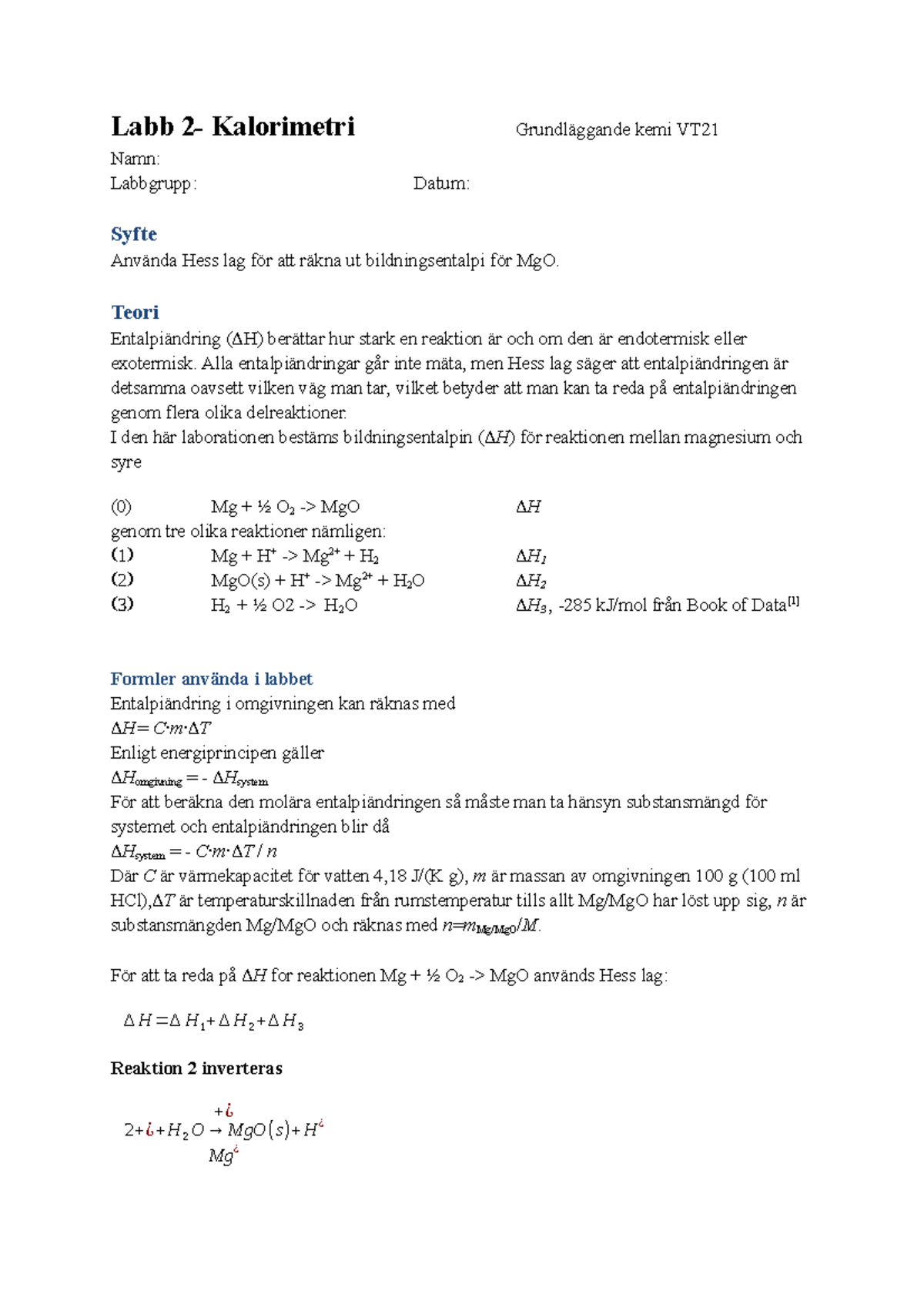 Jämvikt Laboration 2 Kalorimetri - Labb 2- Kalorimetri Grundläggande ...