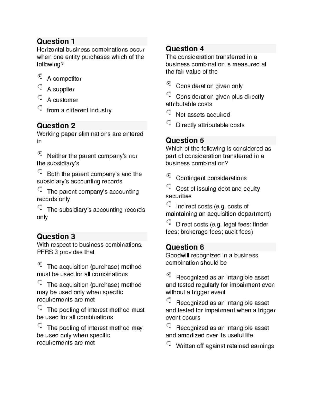 Final Exam - Reviewer - Question 1 Horizontal business combinations ...