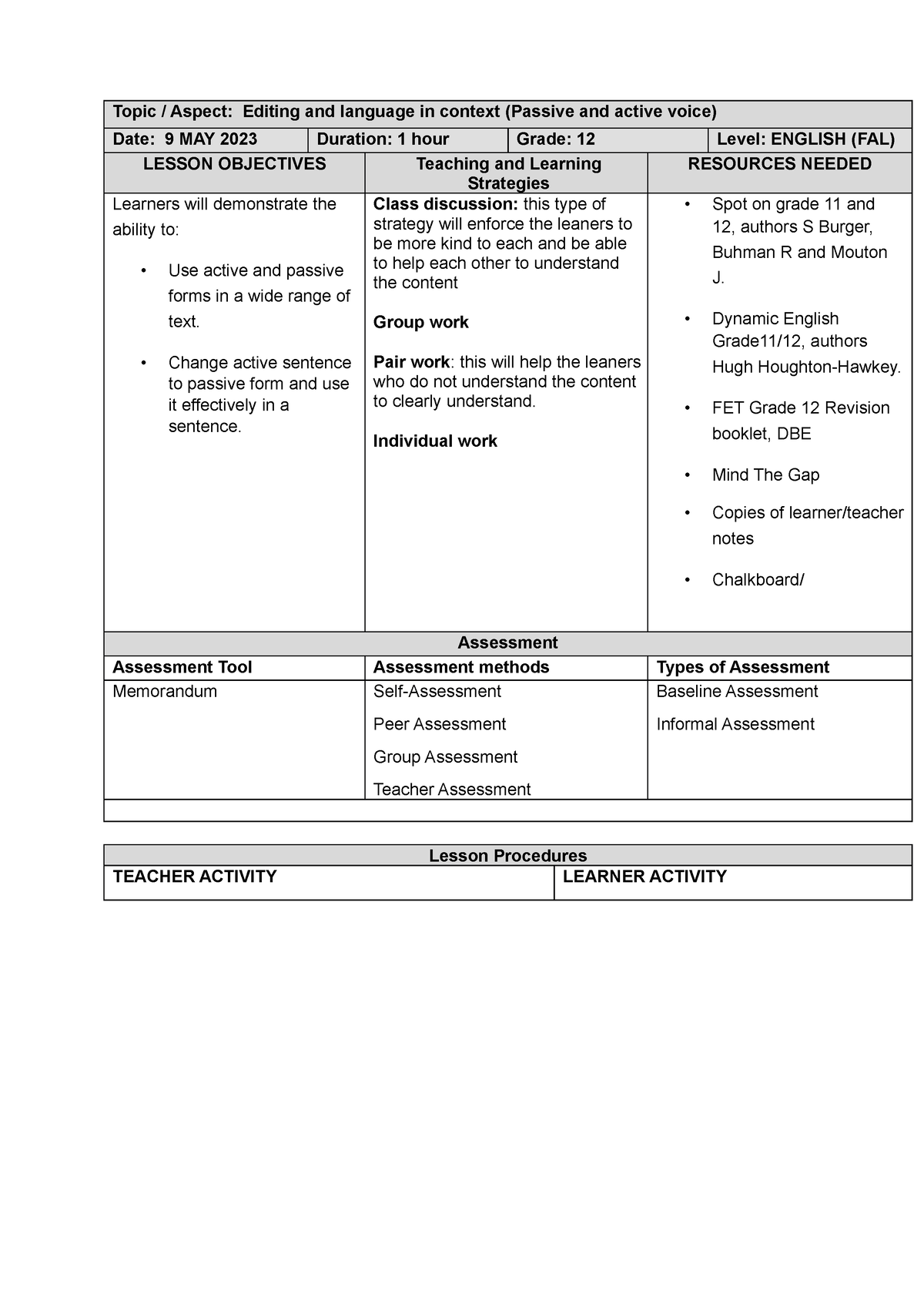 Active And Passive Voice Lesson Plan Complete Dd Topic Aspect Editing And Language In