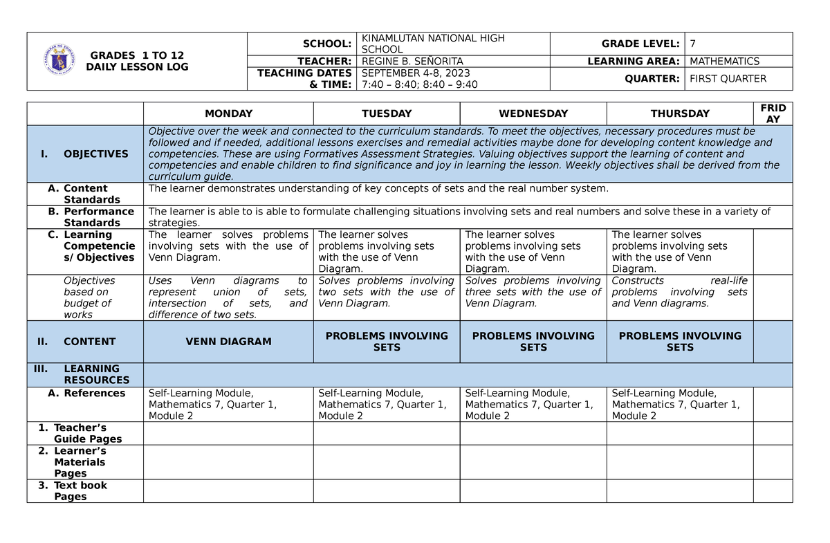 Week 2 (Sept. 4-8) - DLL in Mathematics - GRADES 1 TO 12 DAILY LESSON ...