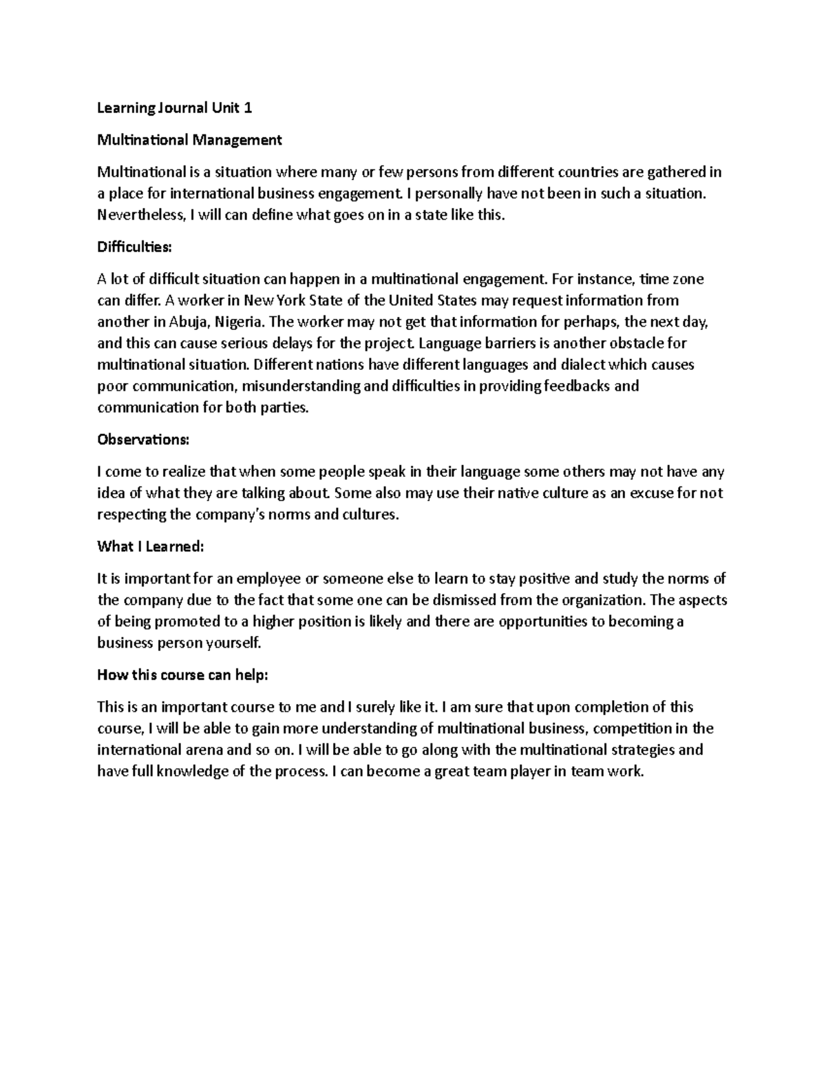 Learning Journal Unit 1 Multinational Management Subm - Learning ...