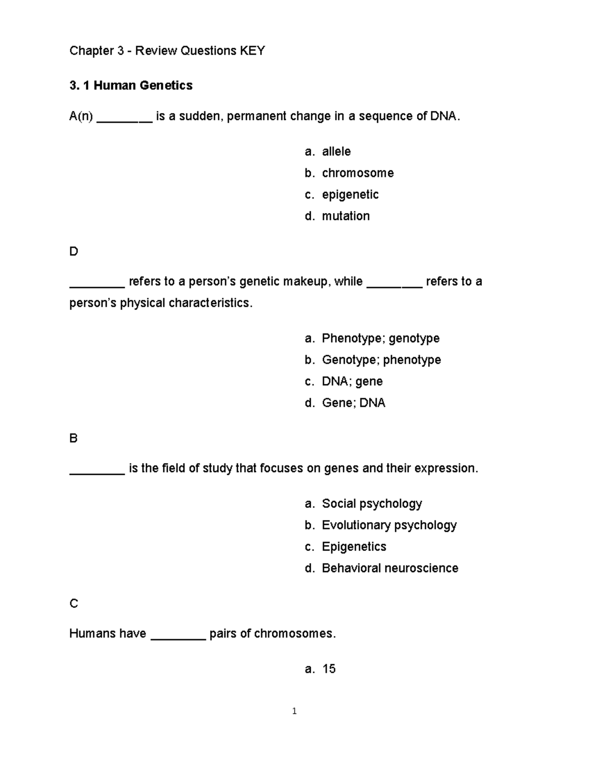 PSYC 1101 - CH 3- Biopsychology -Practice Test - 3. 1 Human Genetics A ...