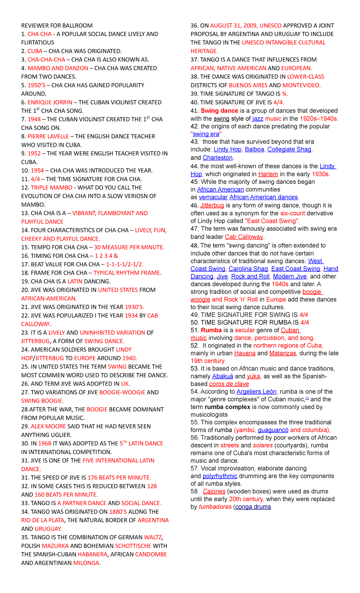 Handouts-FOR- Ballroom - REVIEWER FOR BALLROOM 1. CHA CHA - A POPULAR ...