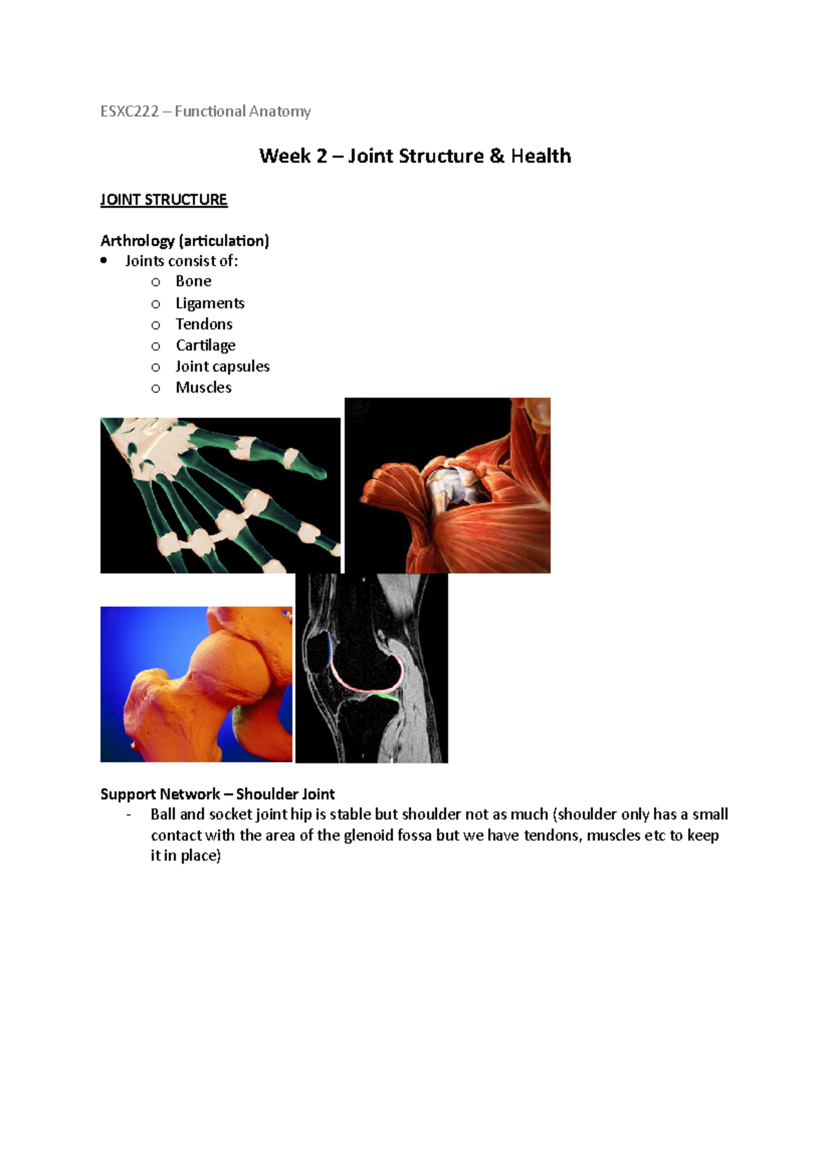 Week 2 - Lecture notes 2 - ESXC222 – Functional Anatomy Week 2 – Joint ...