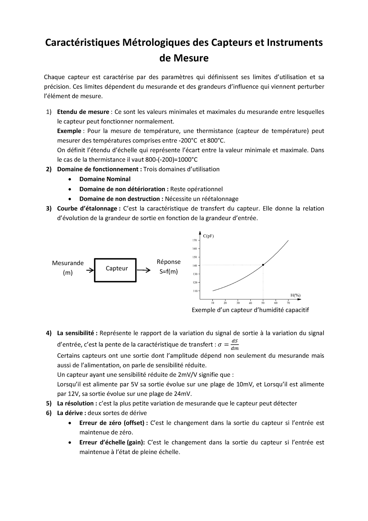 Chapitre Capteurs Et Instrumentation Caract Ristiques M Trologiques Des Capteurs Et