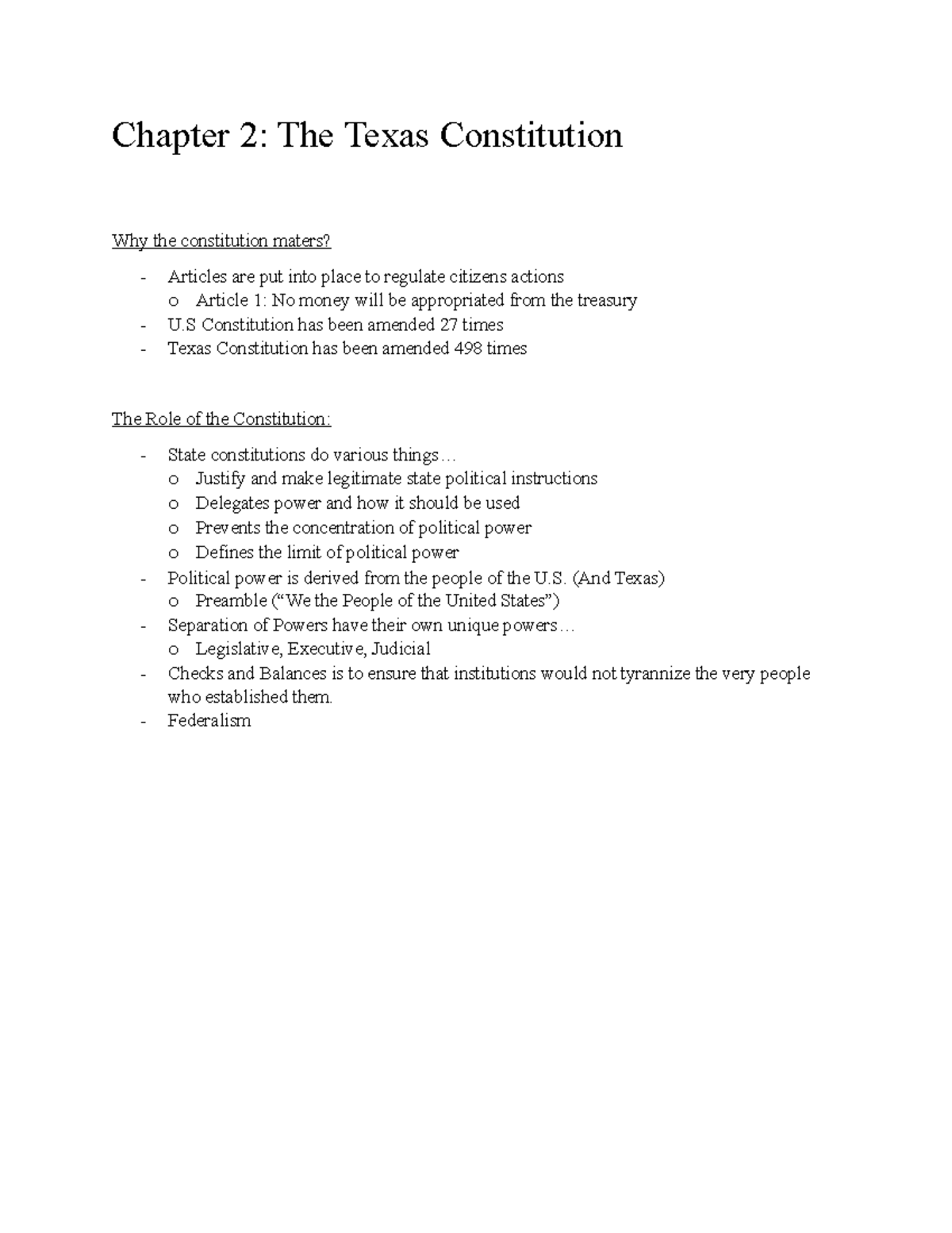 Chapter 2 Notes (GOVT 2306) 2020-2021 - Chapter 2: The Texas ...