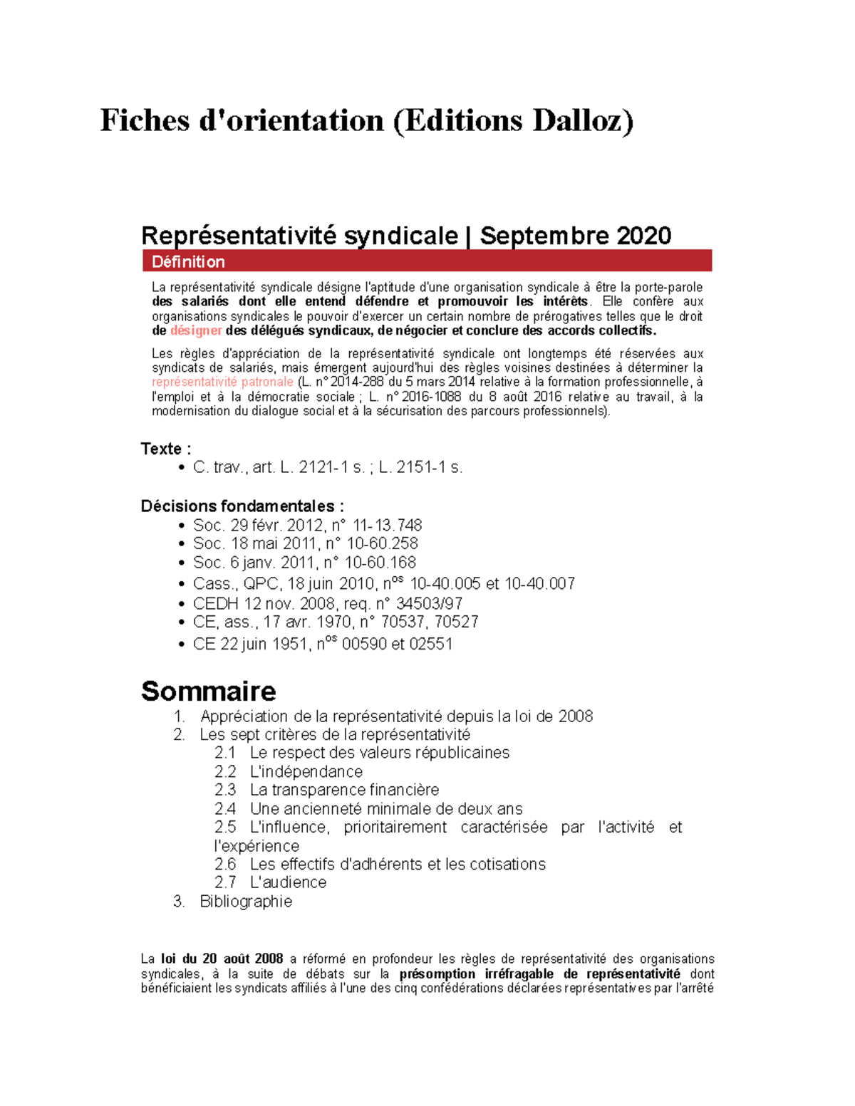 La Représentativité - Fiche Dorientation Dalloz 2020 - Fiches D ...