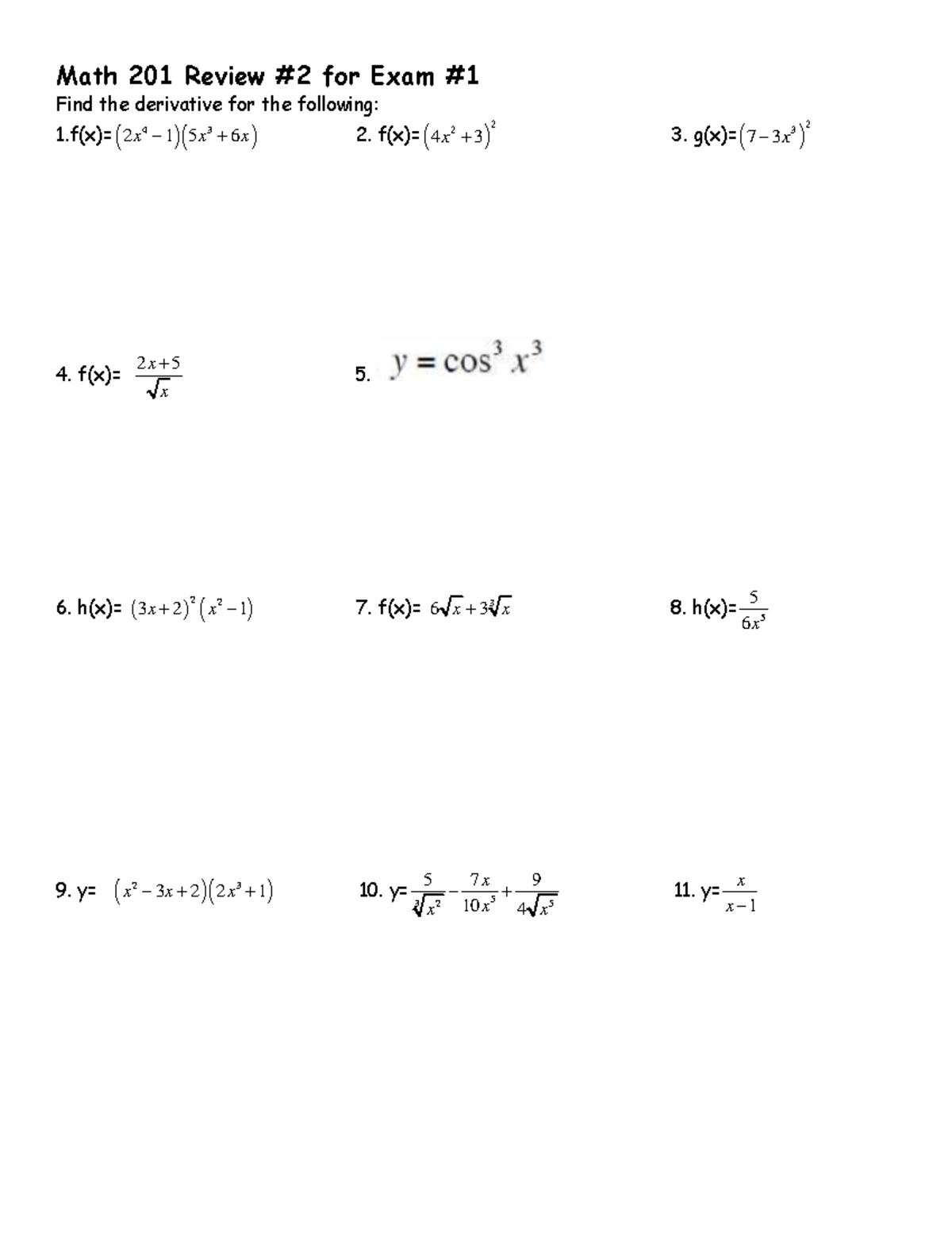 Math 201 review #2 for exam #1 - Math 201 Review #2 for Exam Find the ...