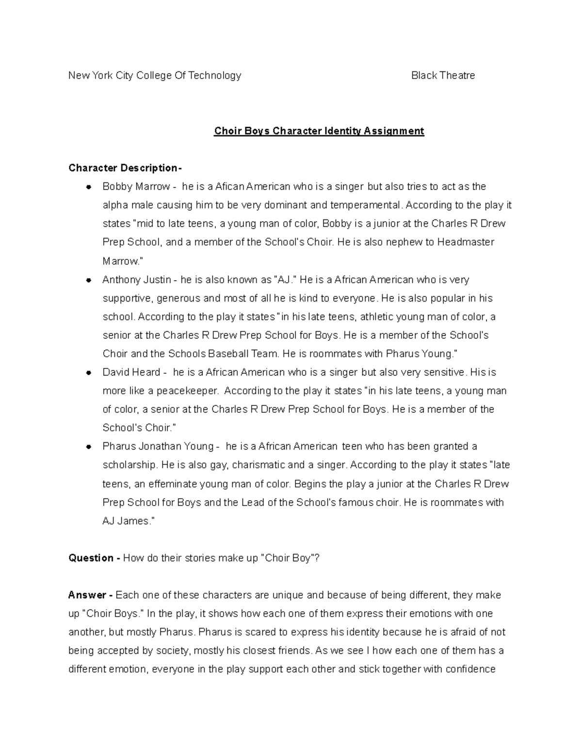 AFR 1321 Choir Boys Character Identity Assignment New York City College Of Technology Black