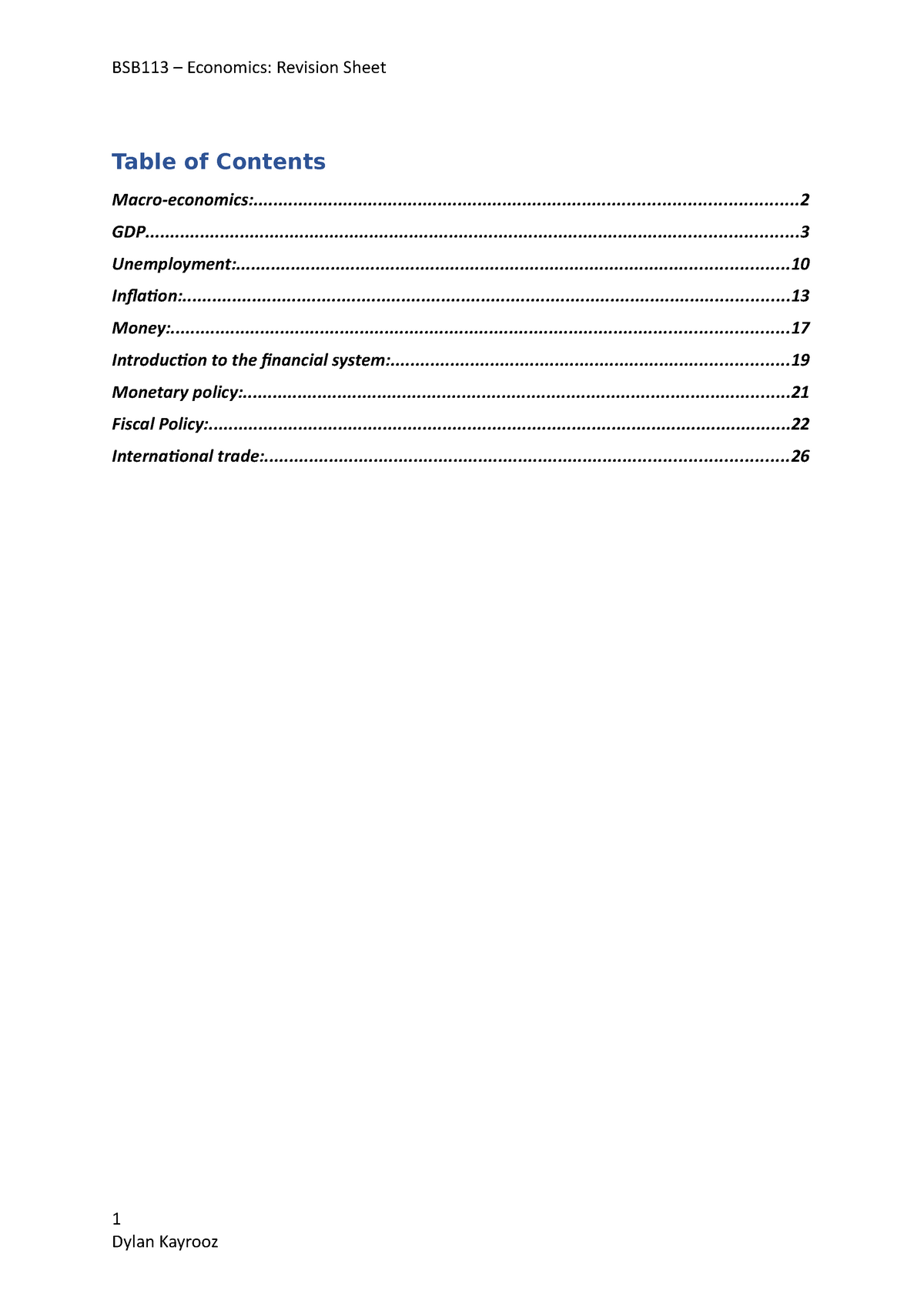 Economics revision - Table of Contents - Studocu