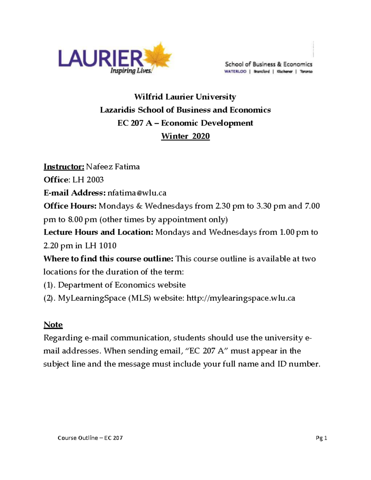 Course Outline - EC 207 - W20 - Warning: TT: undefined function: 32 ...