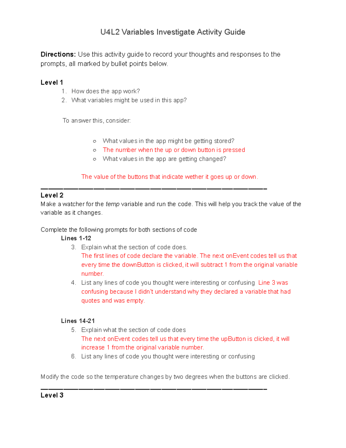 Activity Guides - U4L2 Variables Investigate Activity Guide Directions ...