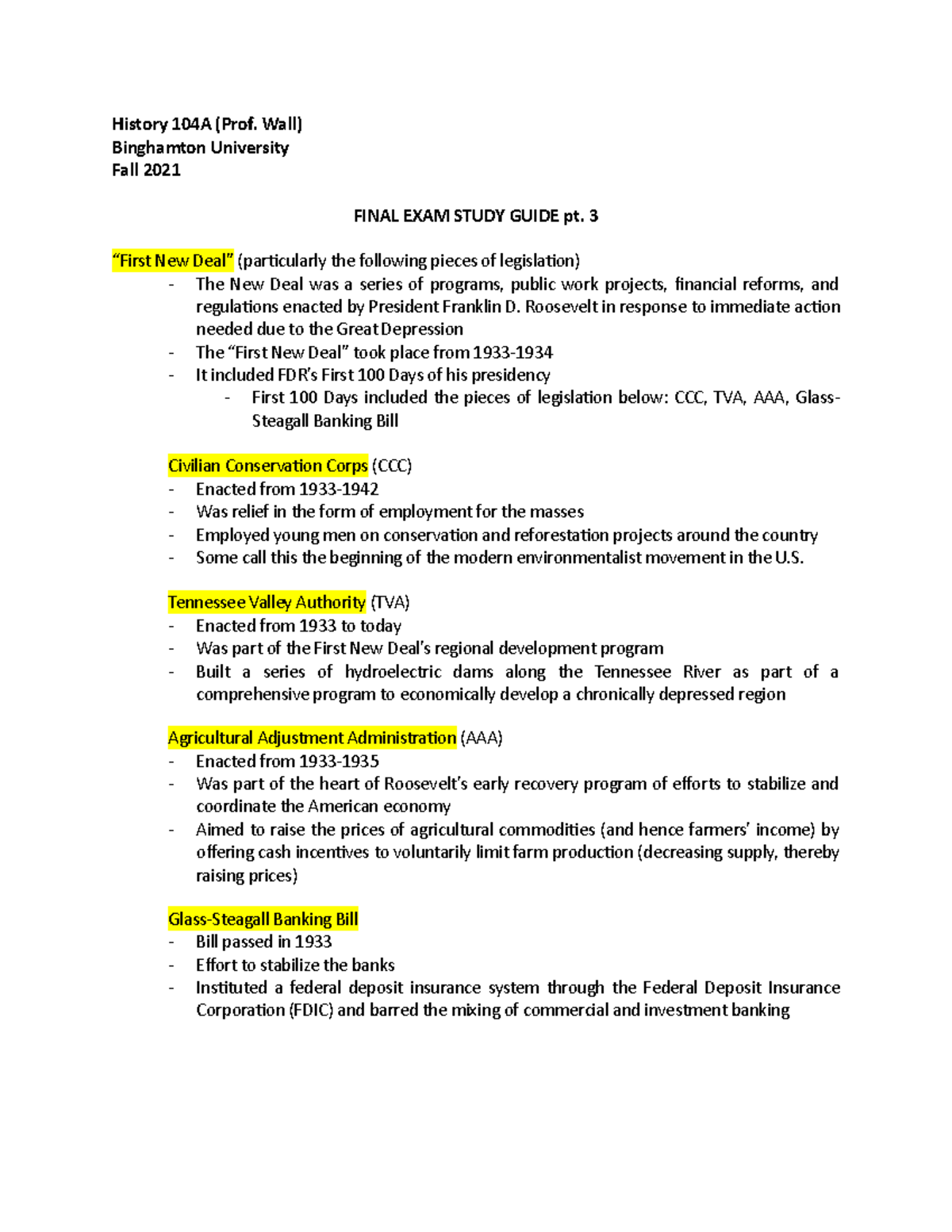 Final Exam Study Guide pt. 3 History 104A (Prof. Wall) Binghamton