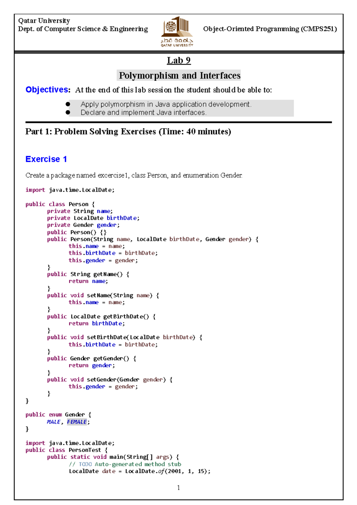 Lab09 Polymorphism and Interfaces Qatar University Dept. of