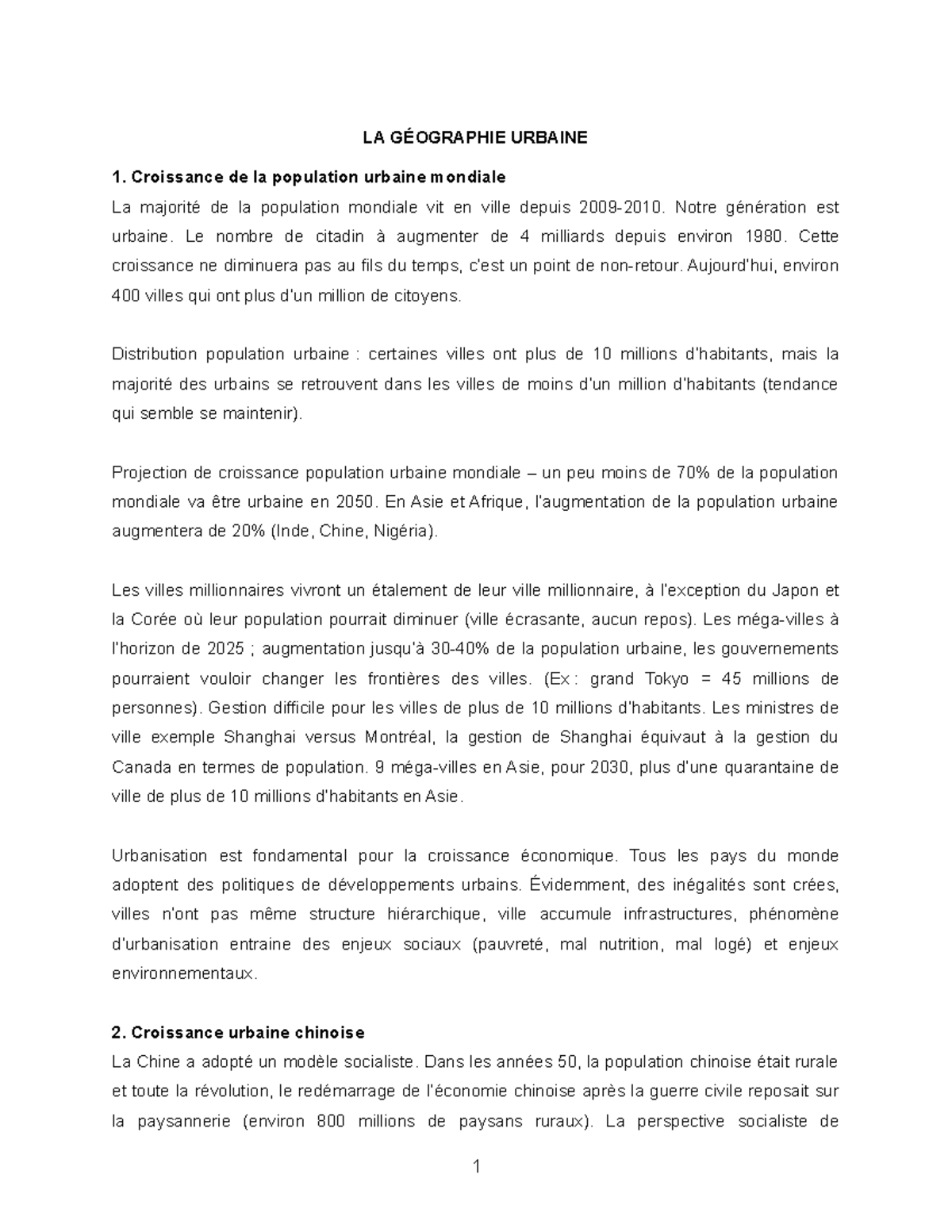 GEO3412 - notes - cours 6 - LA GÉOGRAPHIE URBAINE 1. Croissance de la ...