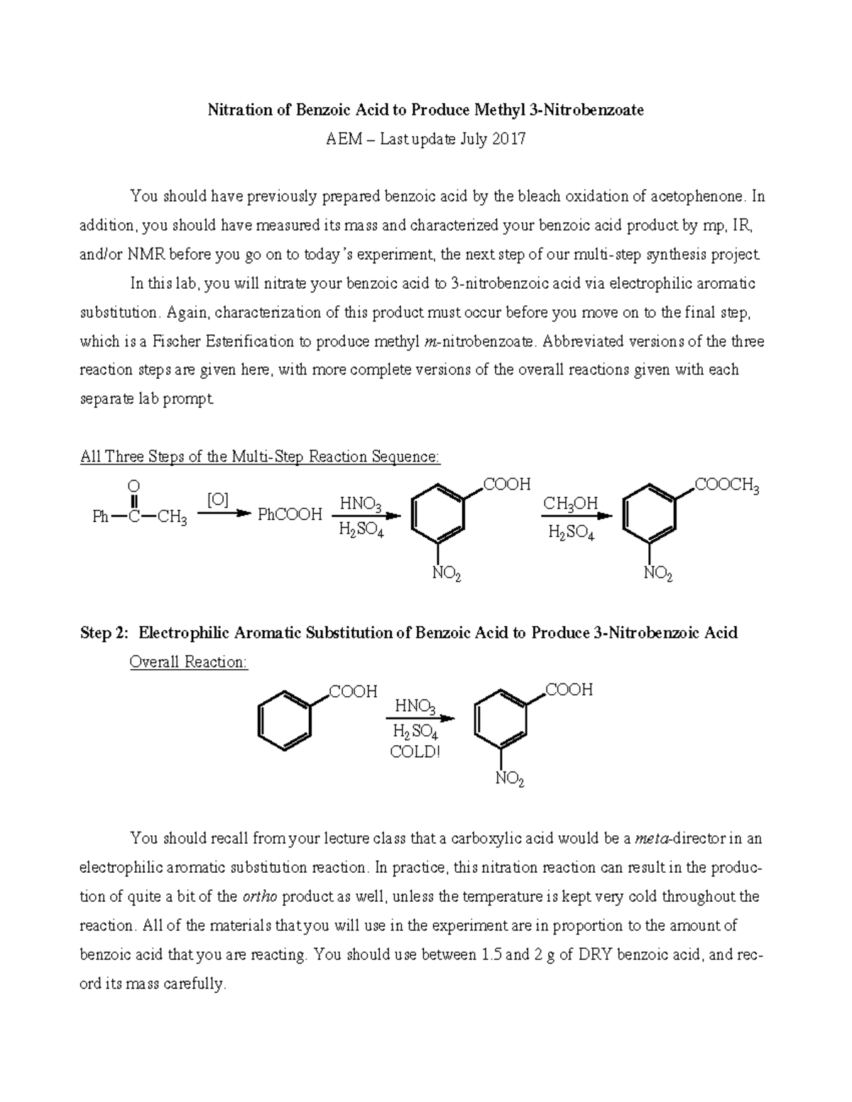 Multi 2 Nitration Of Benzoic Acid 2017 Nitration Of Benzoic Acid To Produce Methyl 3 