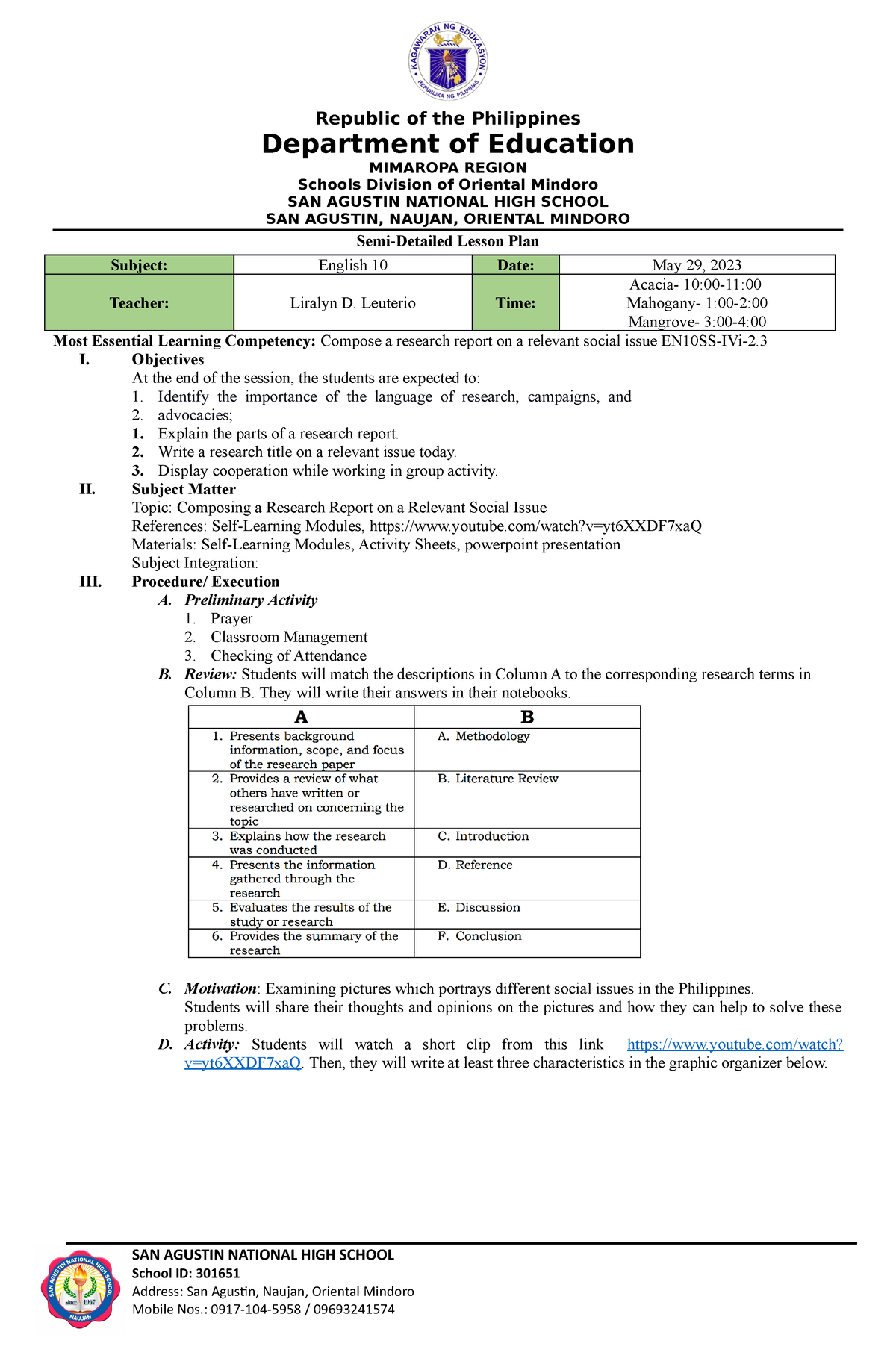 Q4 English 10 Lesson Plan 05 29 2023 Republic Of The Philippines Department Of Education 2428