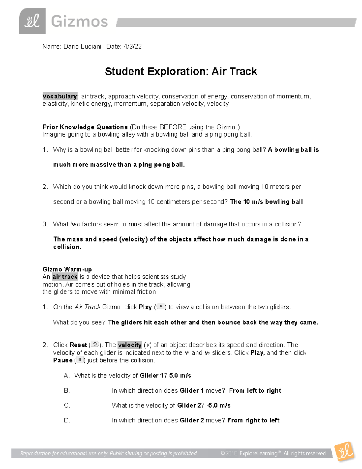 Air Track Student Exploration answer key - Name: Dario Luciani Date: 4 ...