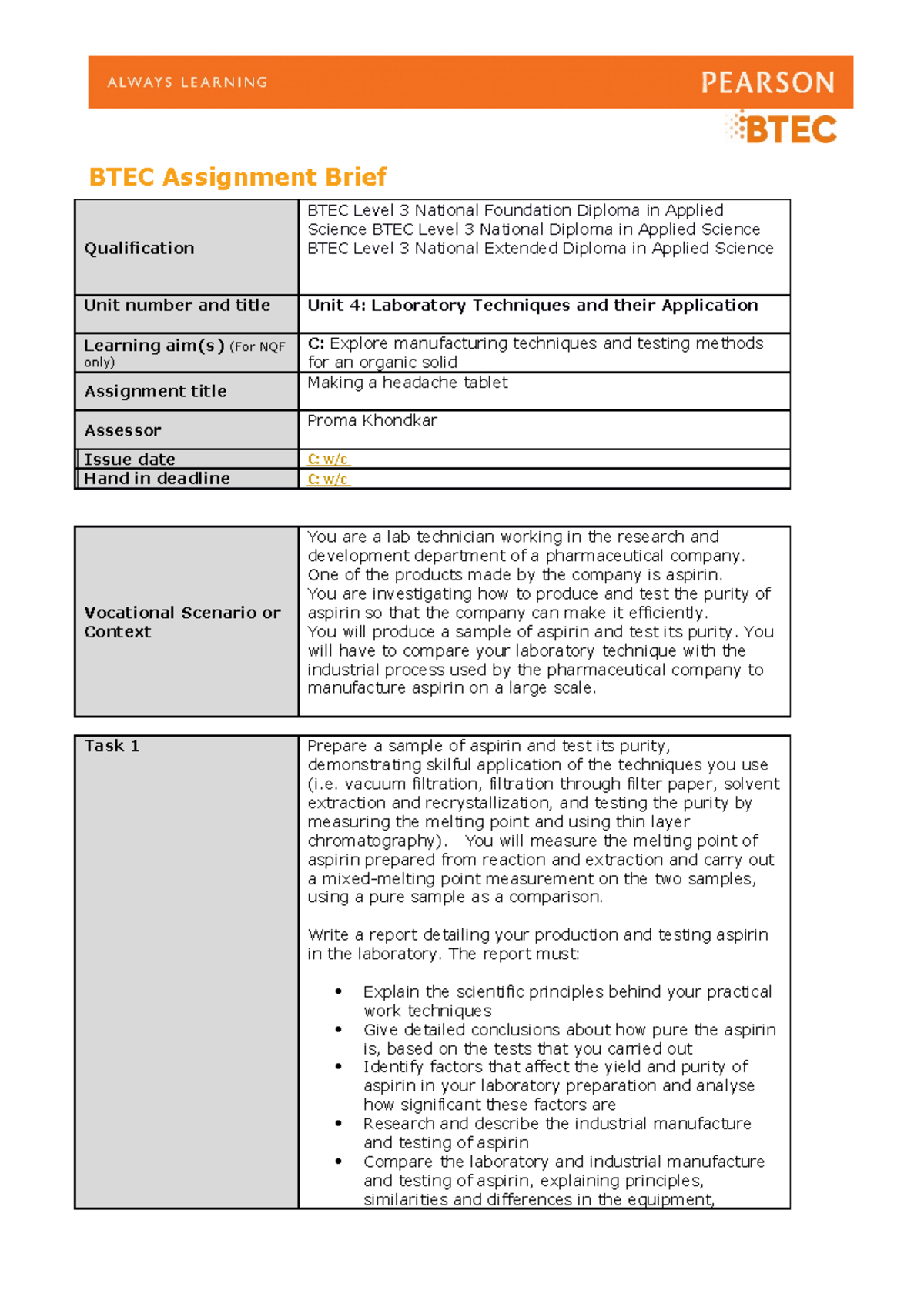 Authorised-Assignment-Brief-for-Learning-Aim C - Unit 4 - Studocu