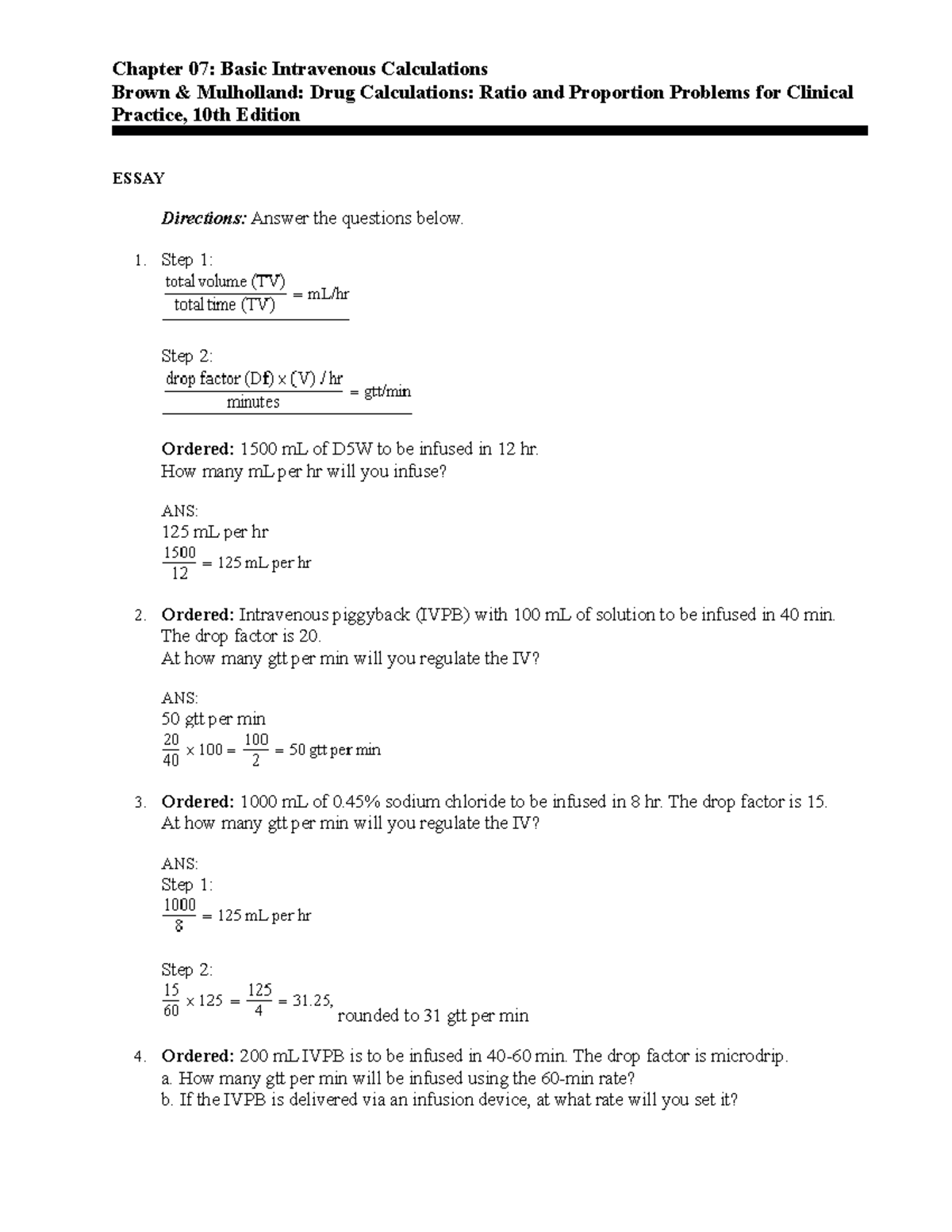 Intravenous Calculations - Chapter 07: Basic Intravenous Calculations ...