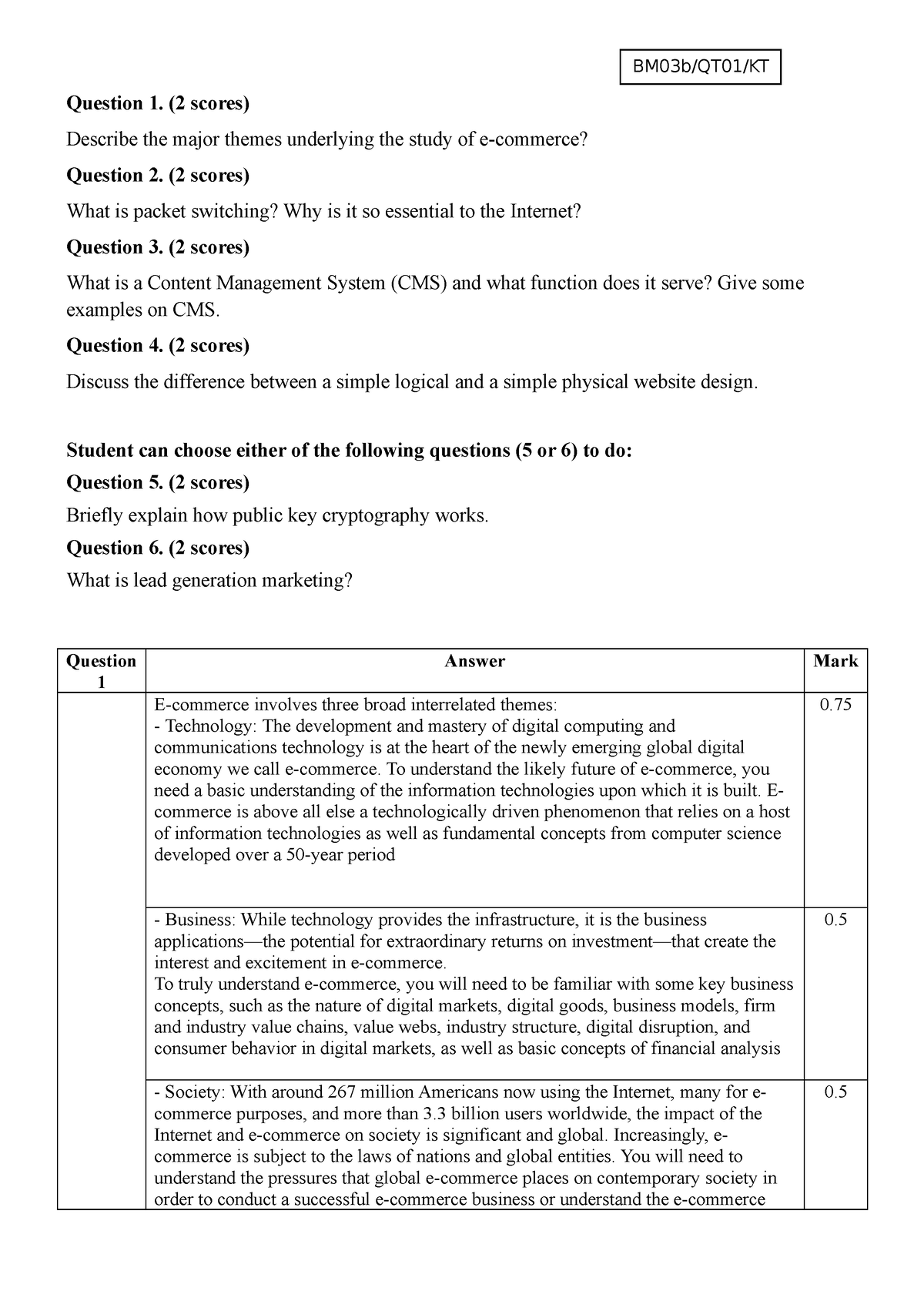 2019 2B E-commerce Final exam 3 solution - BM03b/QT01/KT Question 1. (2 ...