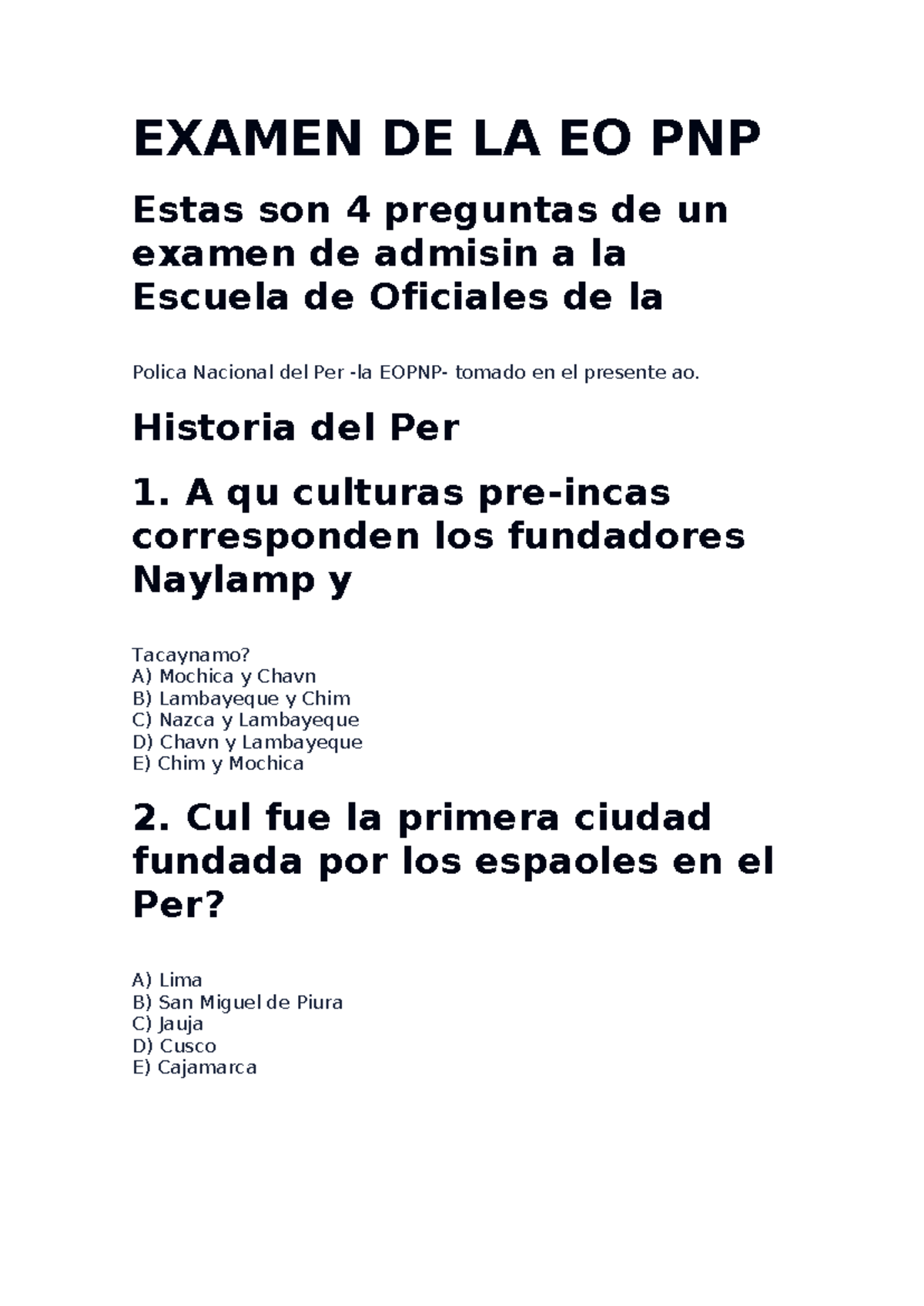 Examen DE LA EO PNP - EXAMEN DE LA EO PNP Estas son 4 preguntas de un ...