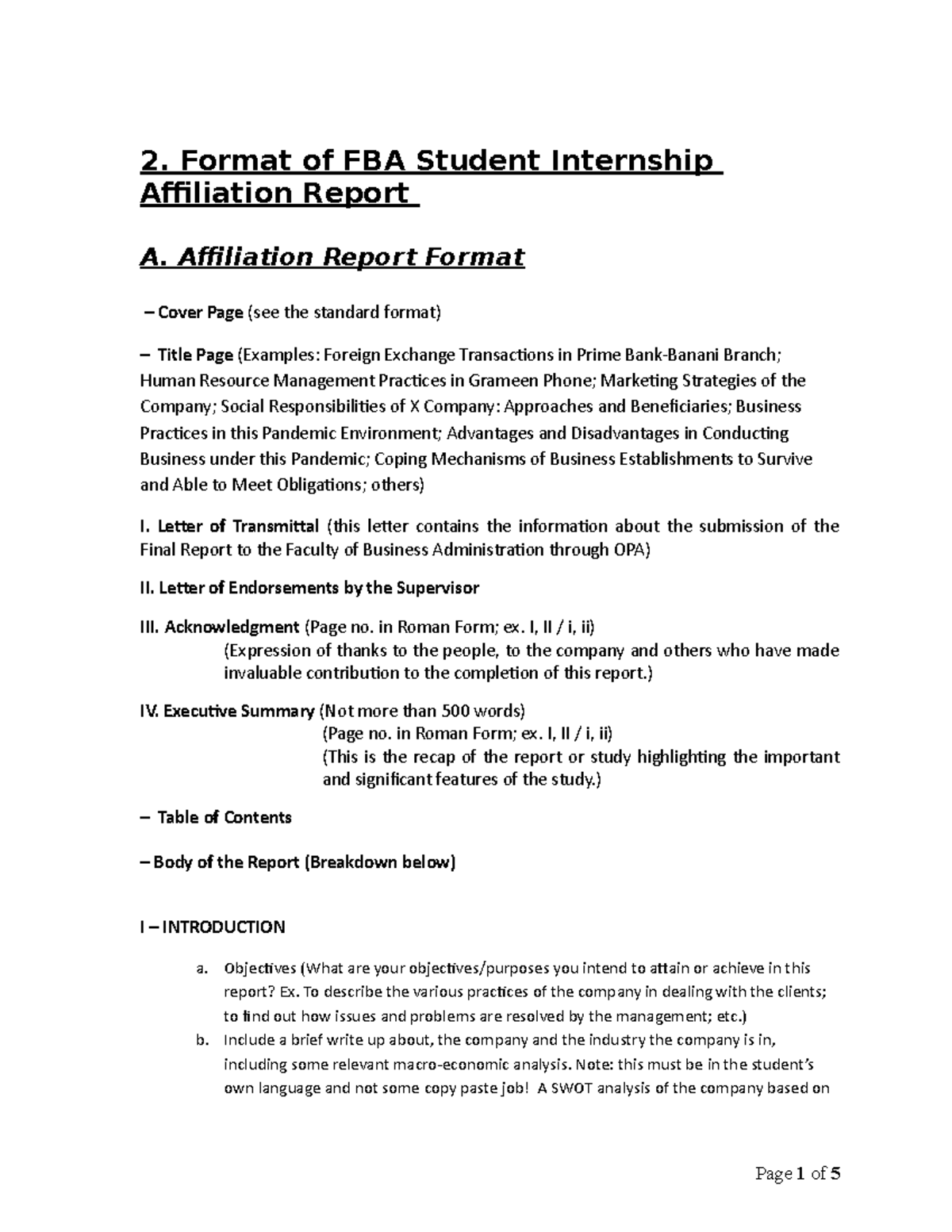 Fba-affiliation-report - 2. Format of FBA Student Internship ...
