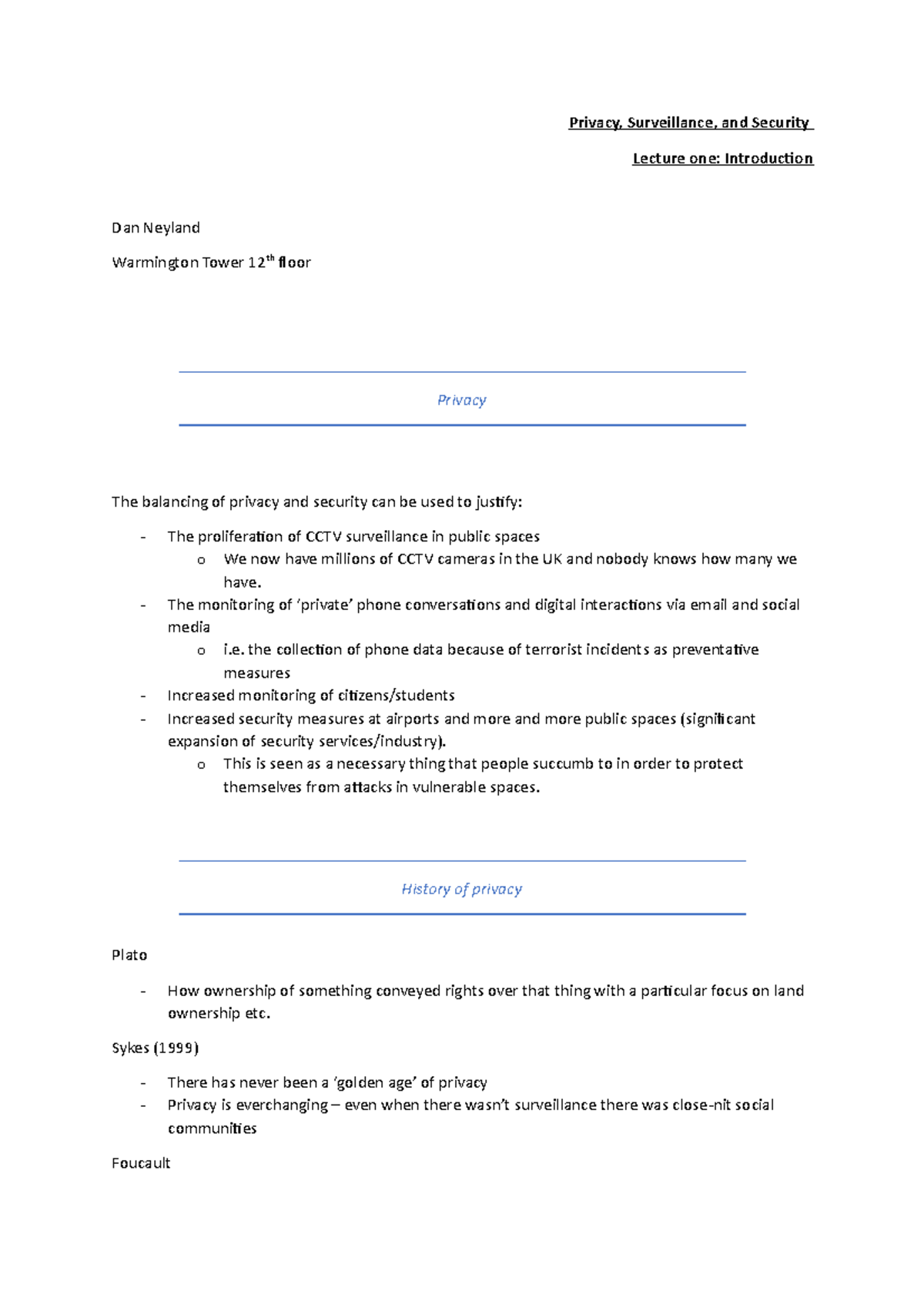 Lecture notes 1 Privacy - Privacy, Surveillance, and Security Lecture ...