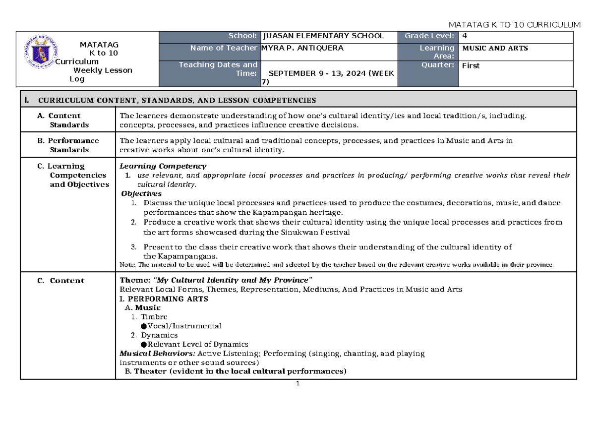 DLL Matatag Music & ARTS 4 Q1 W6-8 - MATATAG K to 10 Curriculum Weekly ...