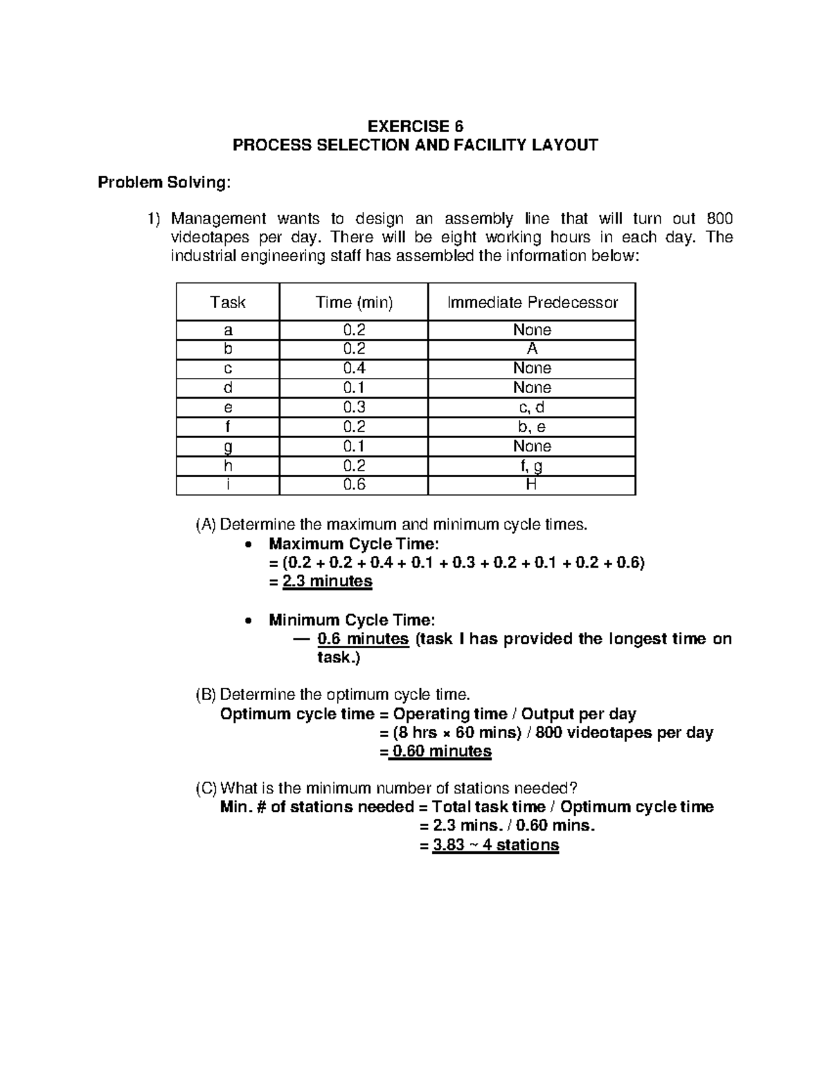 Cbmec Exercise 6 - EXERCISE 6 PROCESS SELECTION AND FACILITY LAYOUT ...