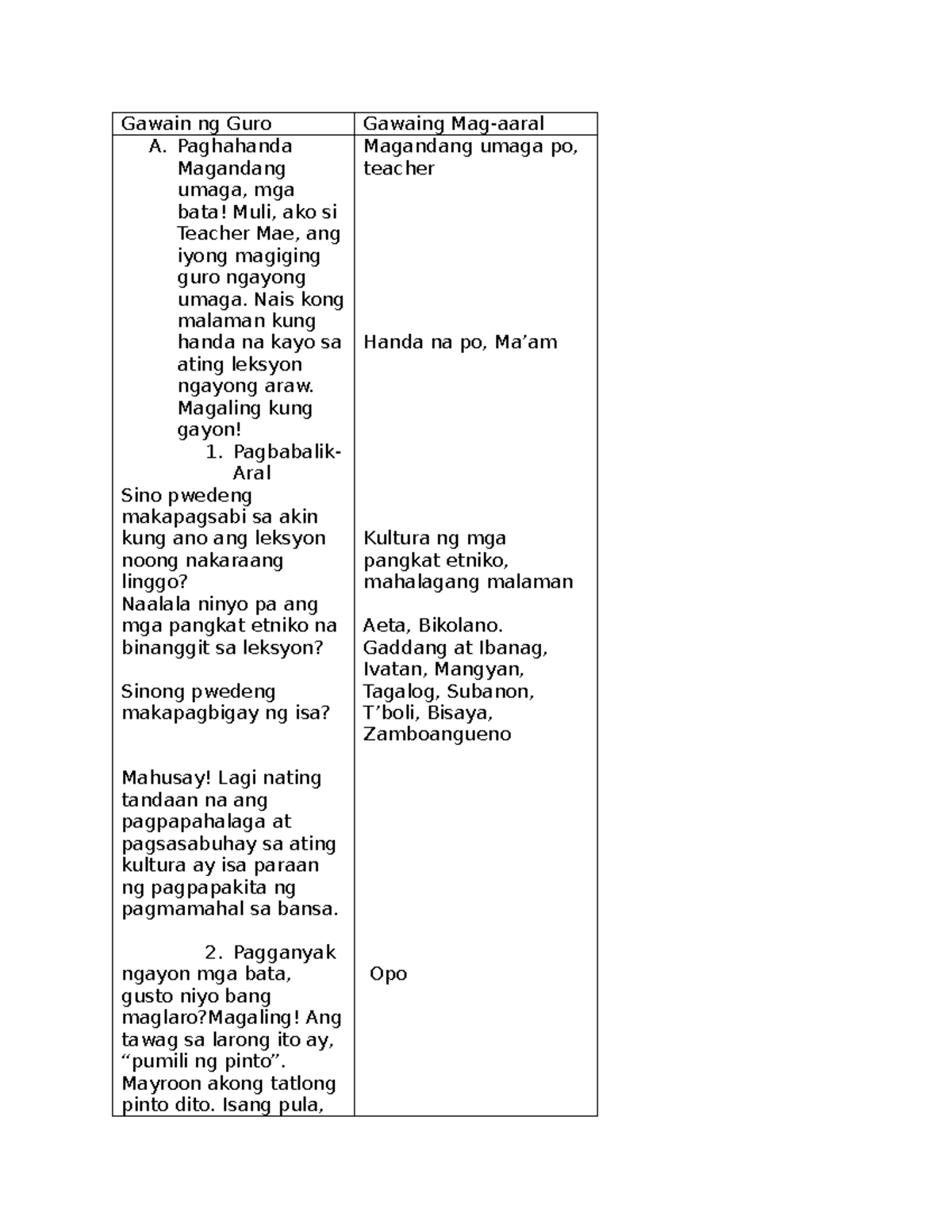 Lp - Lesson plan - Gawain ng Guro Gawaing Mag-aaral A. Paghahanda ...