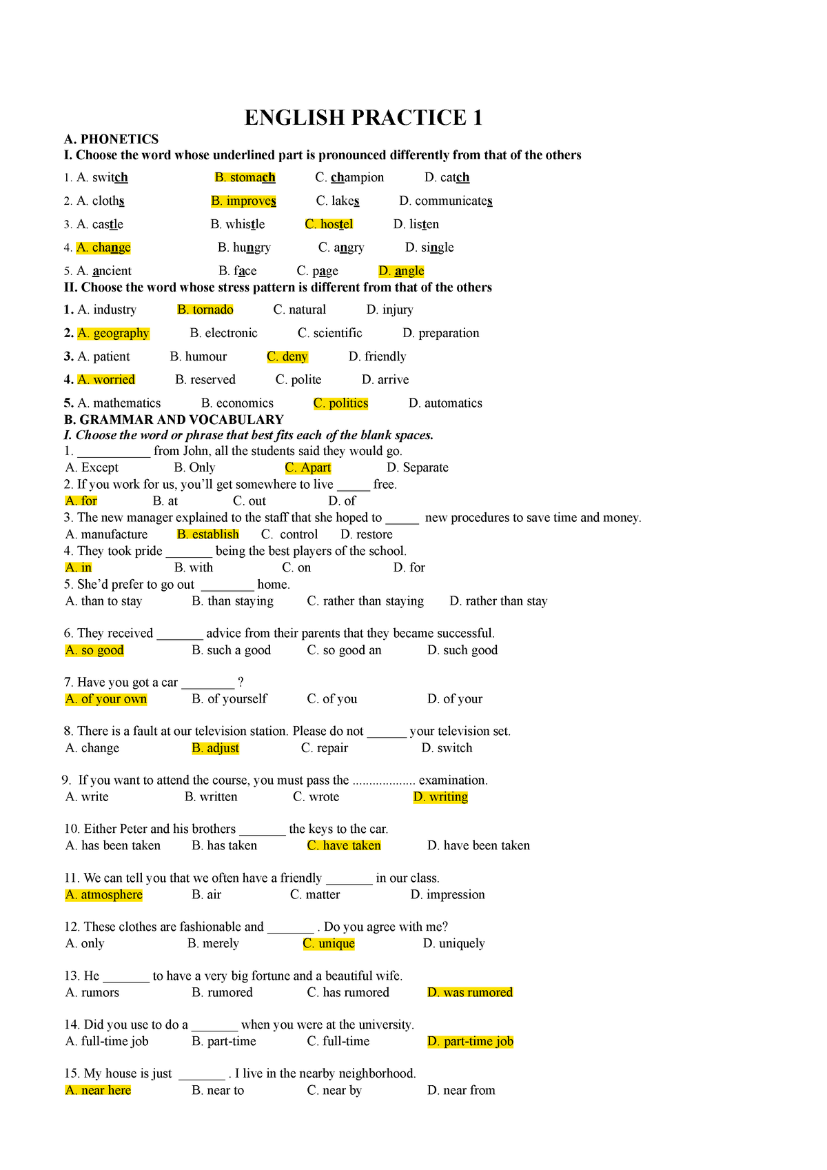 HSG- đề 1 - ENGLISH PRACTICE 1 A. PHONETICS I. Choose The Word Whose ...