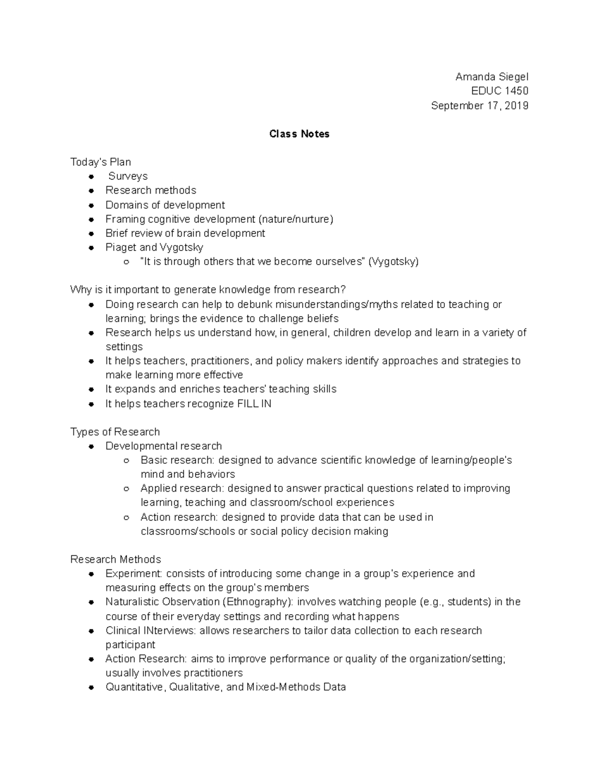 9/17 Class Notes - Professor Yoko Yamamoto - Amanda Siegel EDUC 1450 ...