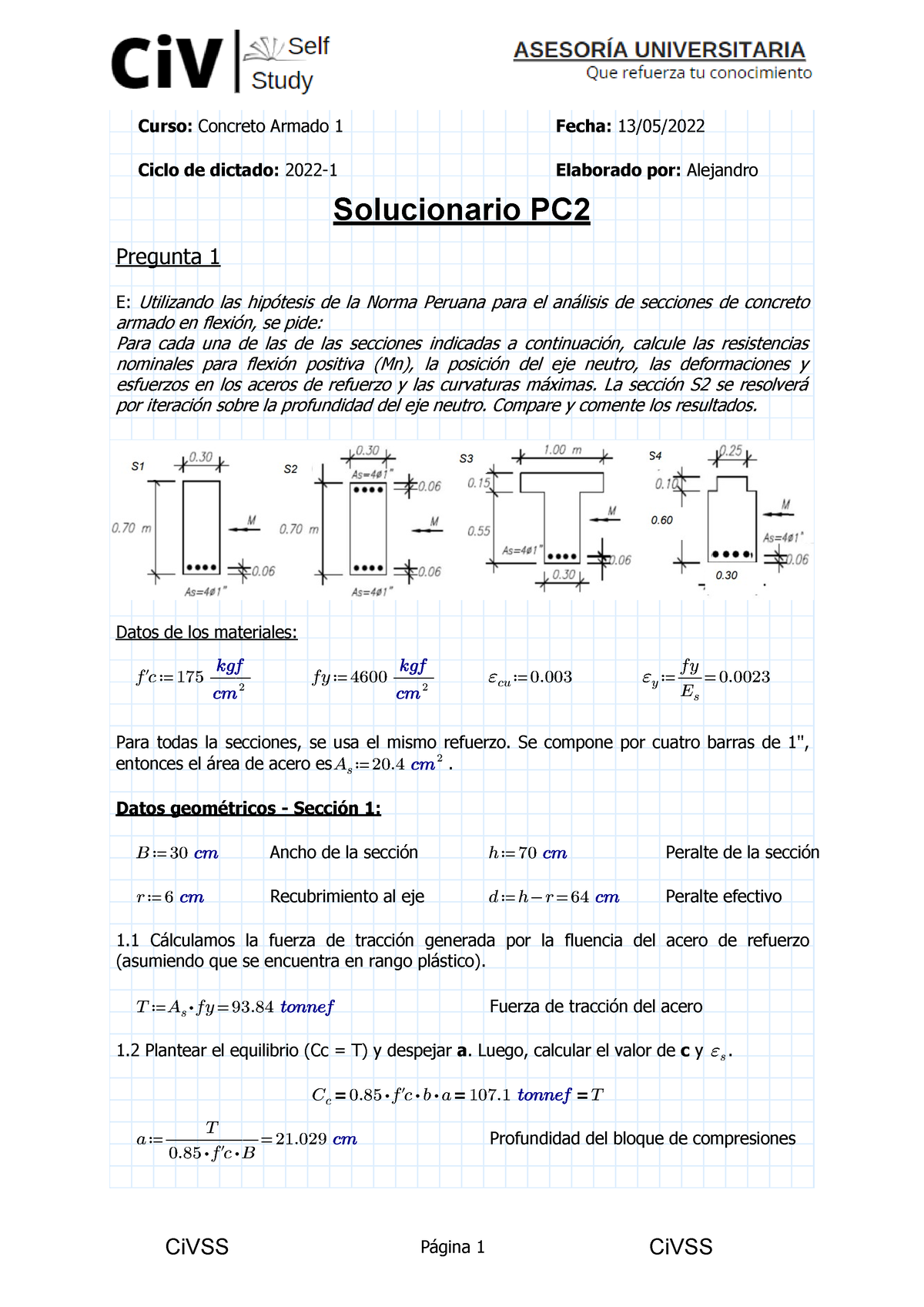 CA1 22-1 - Solucionario De Práctica Calificada - Curso: Concreto Armado ...