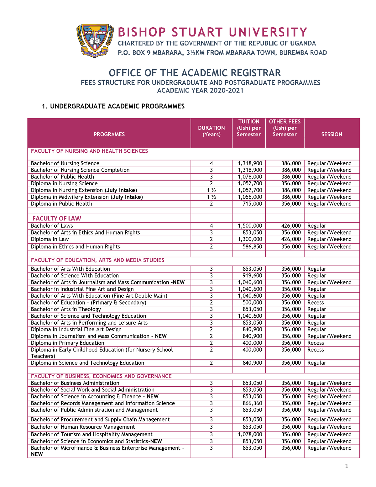 A5e Stuart University Fees Structure 20202021 OFFICE OF THE