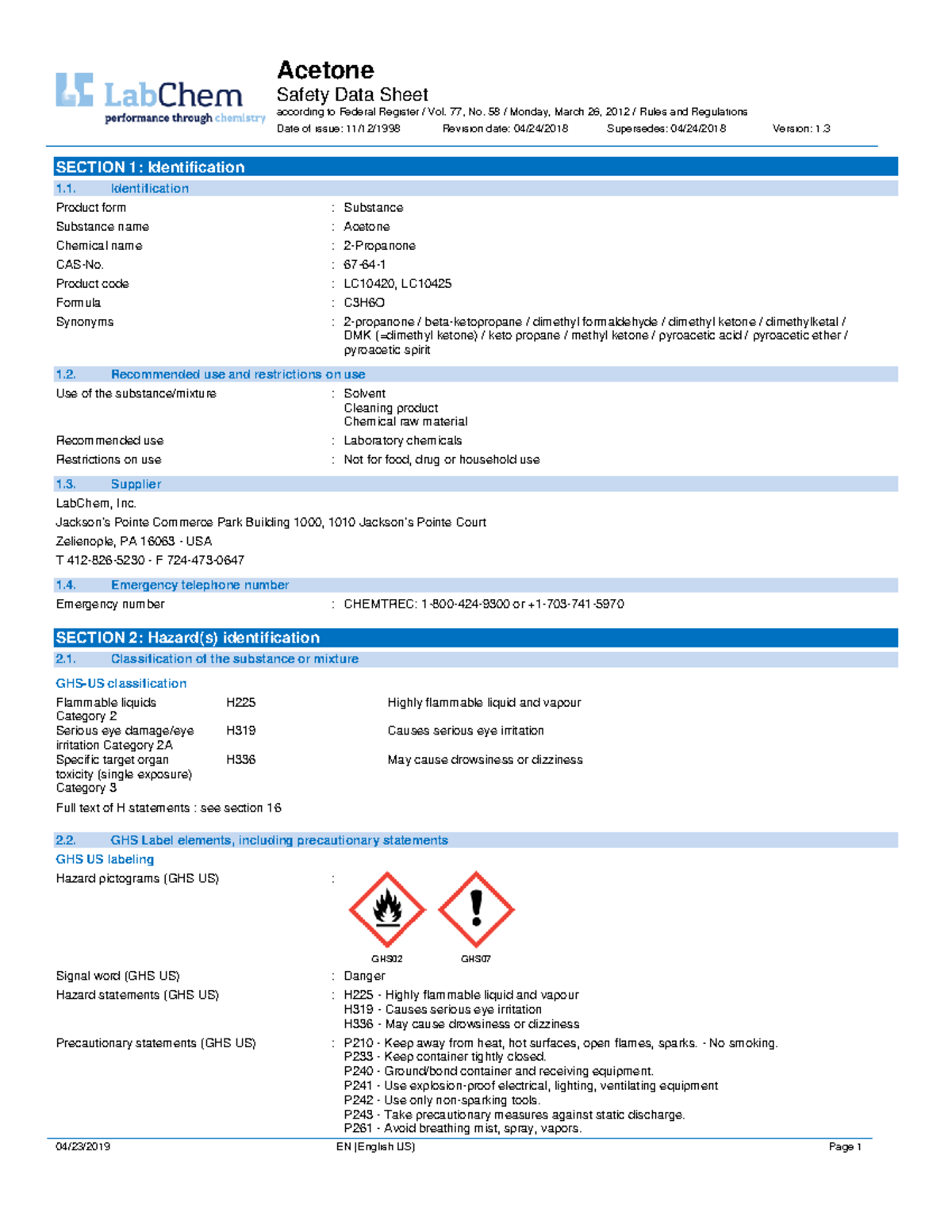 LC10420 - An SDS for a substance is not primarily intended for use by ...