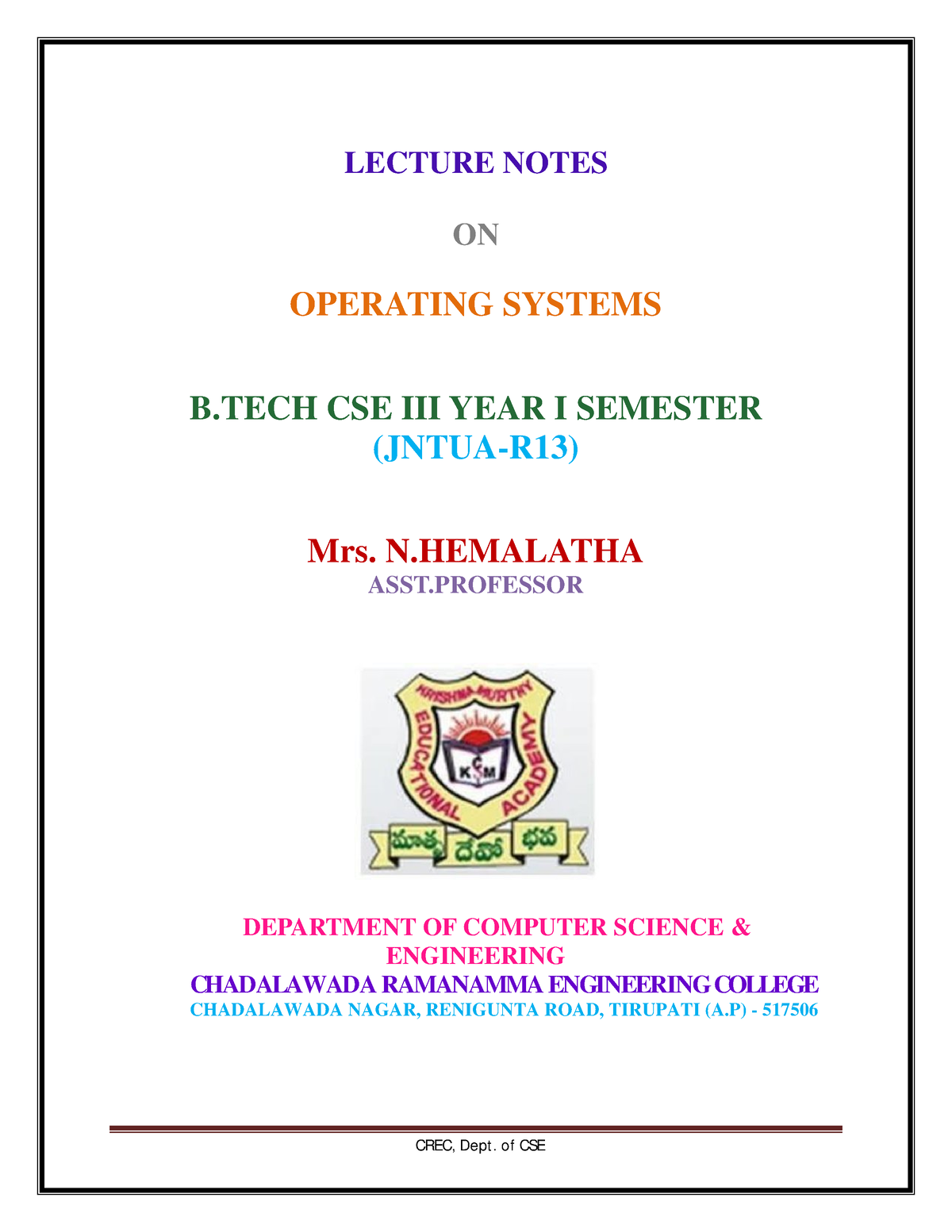 Lecture Notes ON Operating Systems B TEC - CREC, Dept. Of CSE LECTURE ...