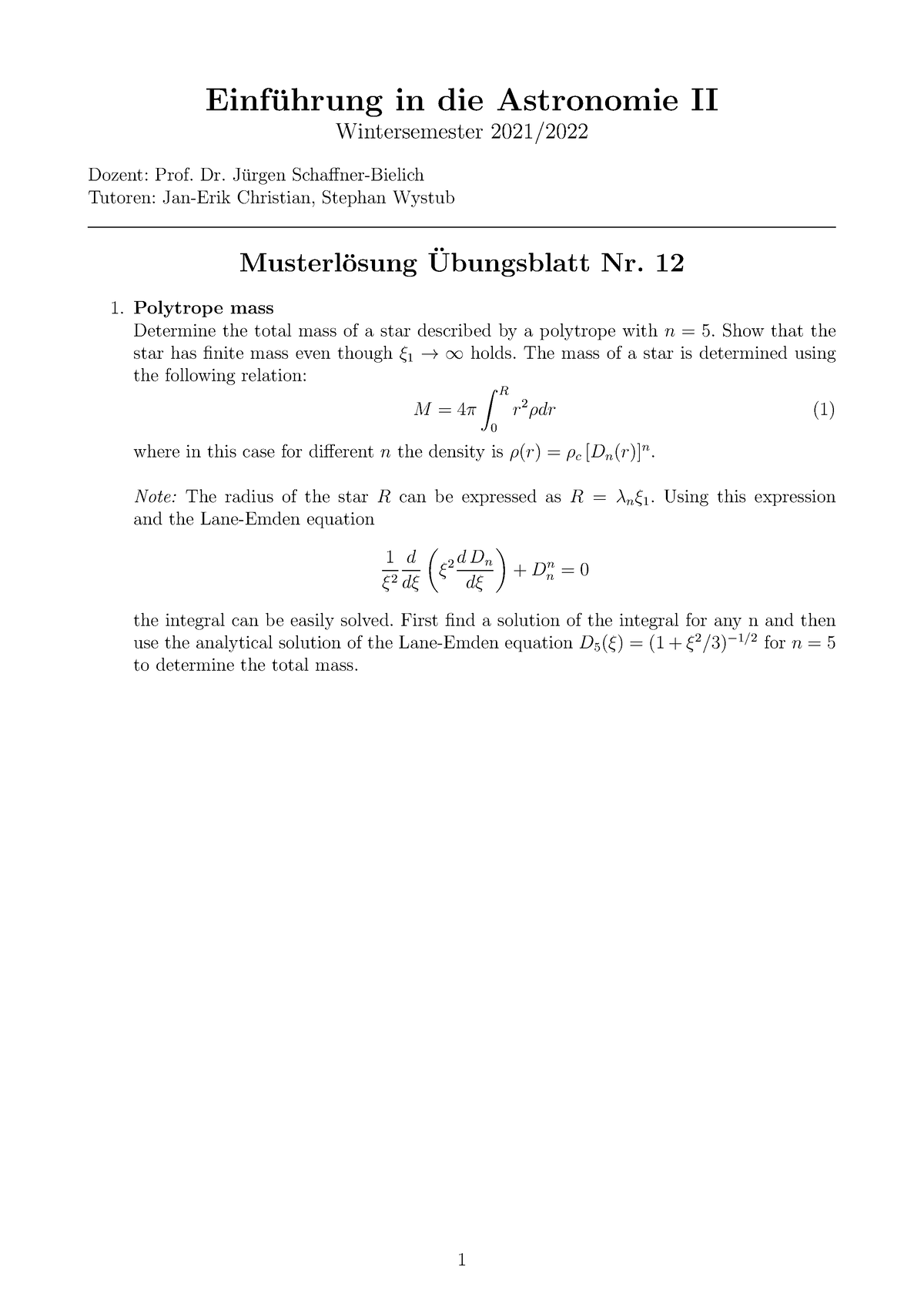 Blatt 12 Astro I Musterloesung Eng - Einf ̈uhrung In Die Astronomie II ...