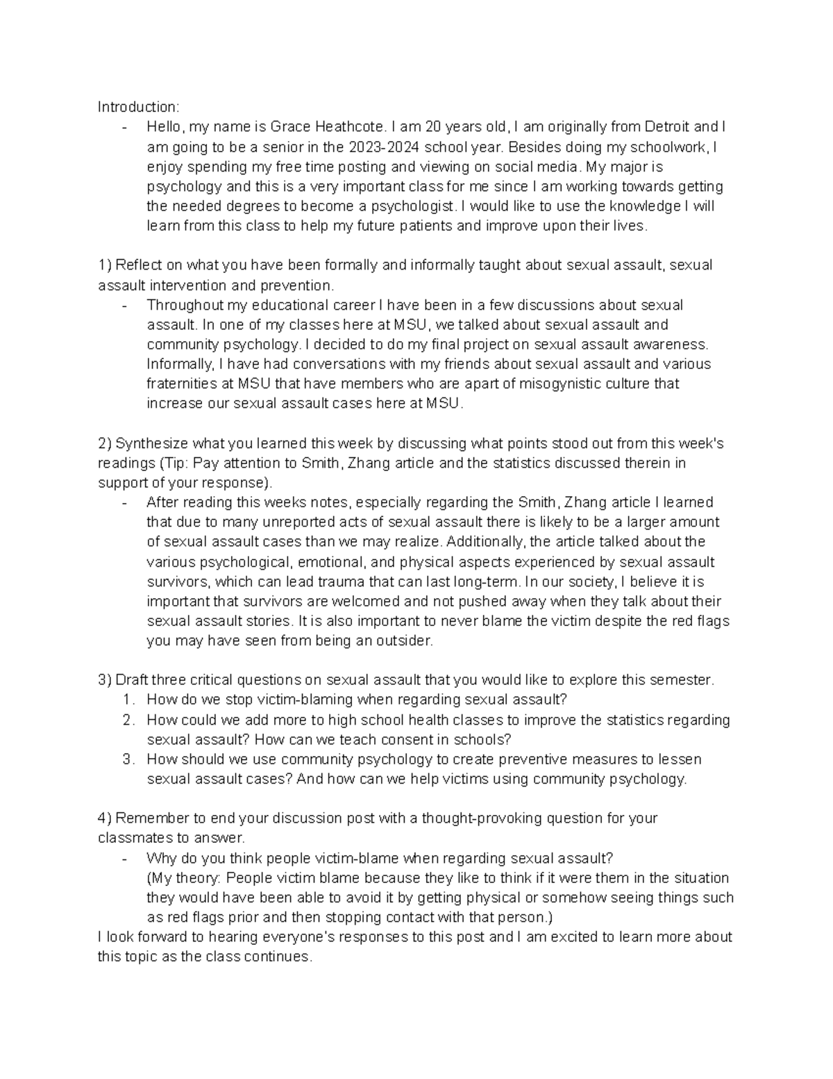 SA discussion post 1 Introduction Hello, my name is Grace